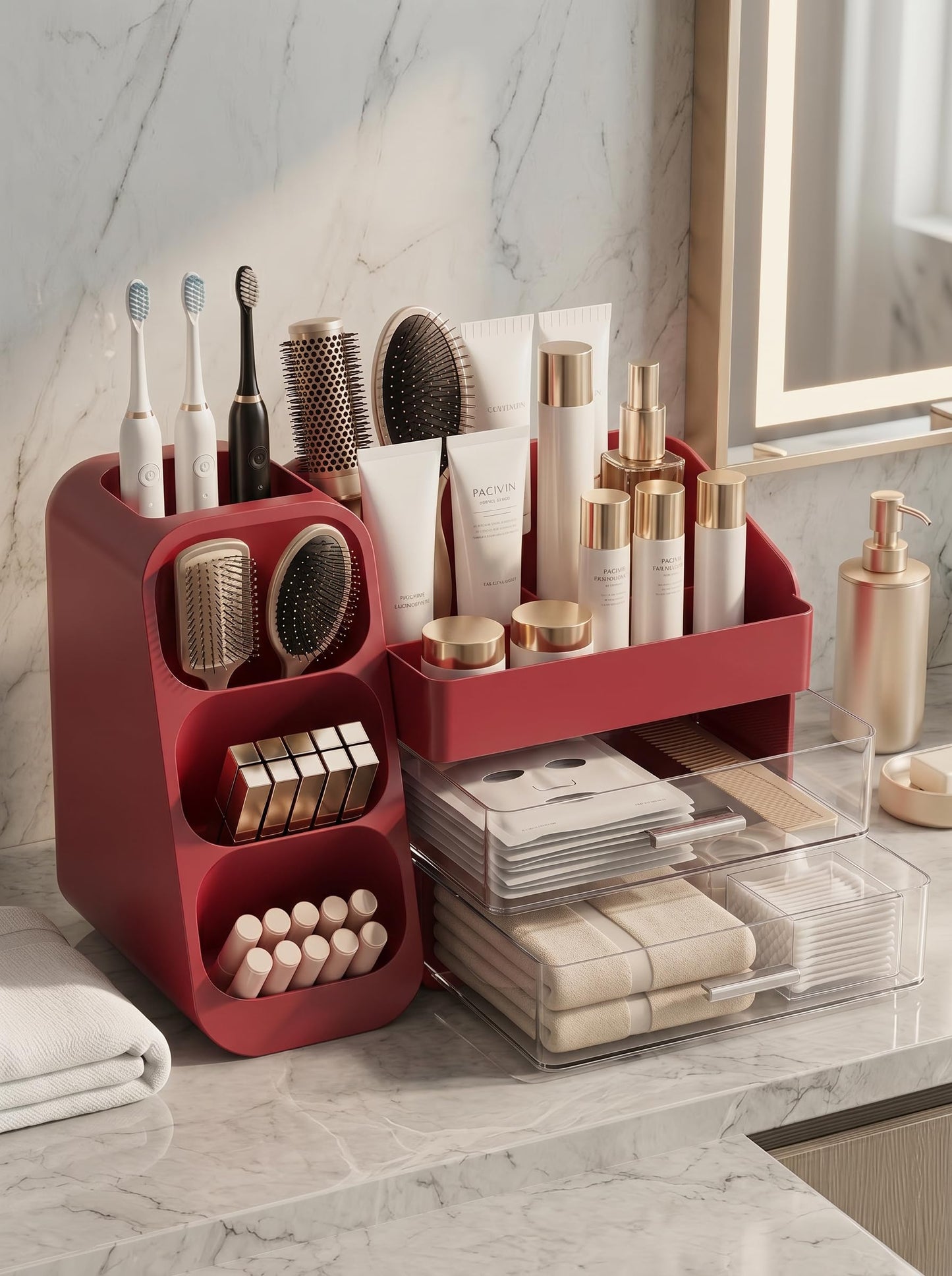 Booklov Makeup Organizer for Vanity, Large Capacity Cosmetic Display Case with Clear Acrylic Drawers, Countertop Beauty Storage Holder for Skincare, Brush Eyeshadow Lipstick, Counter Desk, Crystal Red