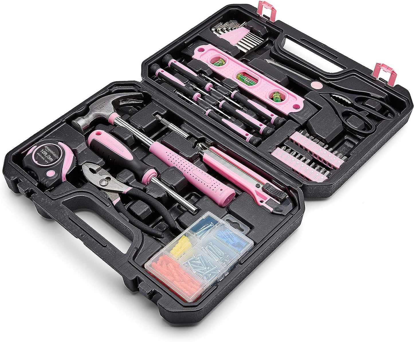 Amazon Basics 142-Piece Household Tool Kit for Home Repair, Hand Tools with Storage Case, 13.39 x 9.25 x 2.95 inch, Pink