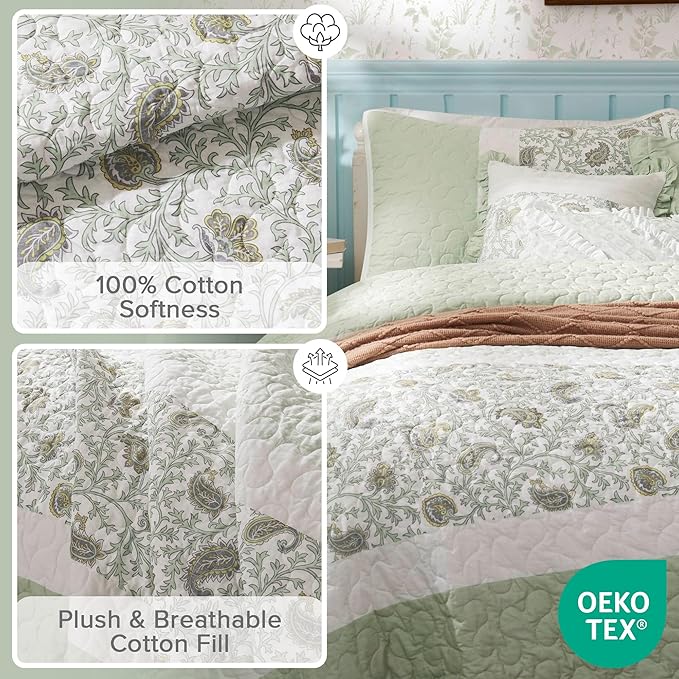 Madison Park King Quilt Set Cotton Coverlet Set with Cotton Filling for King Size Bed, All Season, Lightweight King Cotton Quilt Include Shams, & Décor Pillows, Dawn, King/Cal King Sage Green 6 Piece