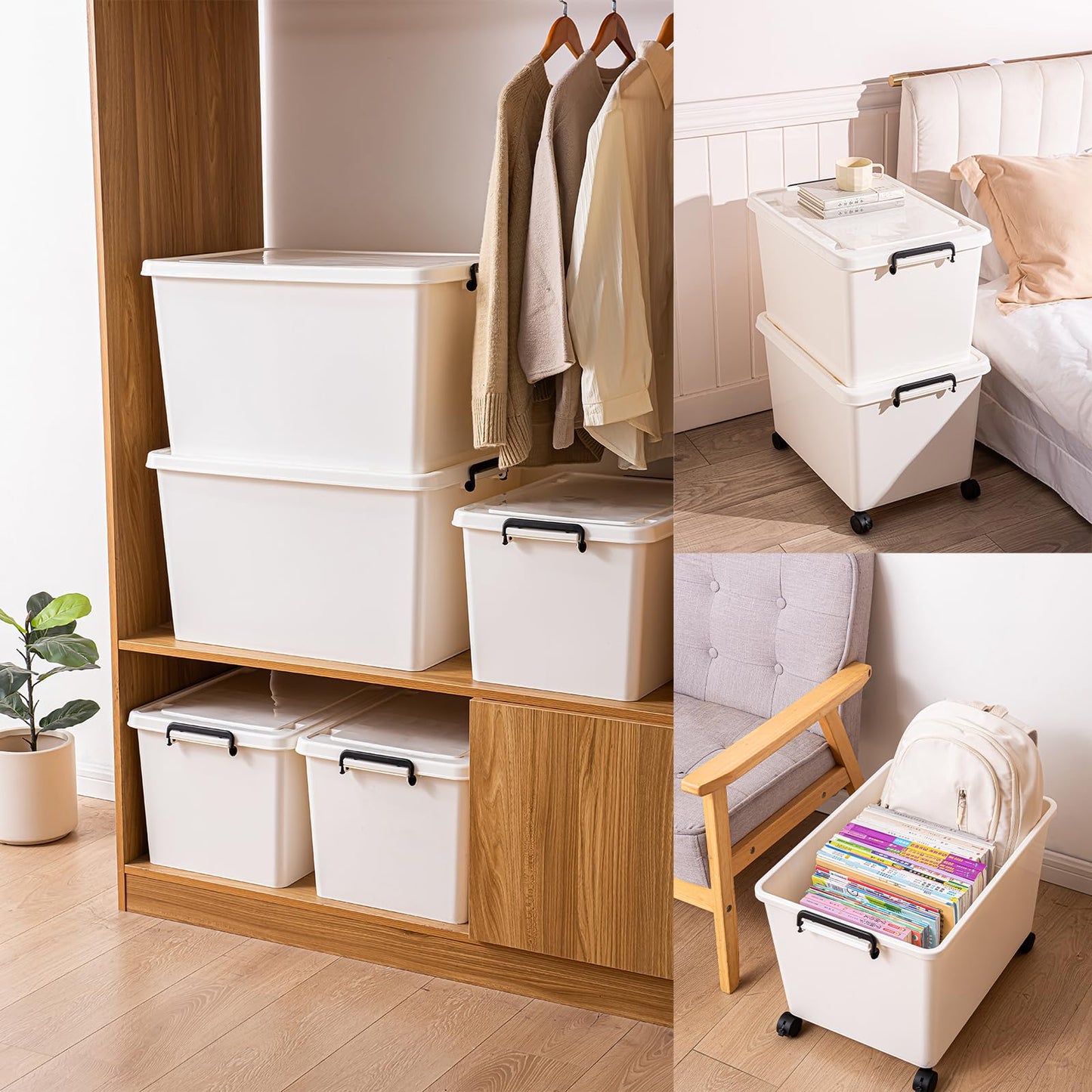 Duufiell 3 Extra Large Storage Bin with 4 Quiet 360° Swivel Casters - 55cm Tall Heavy Duty Organizer with Snap-On Lid, Dust-Proof Moisture-Proof, Stackable Design for Living Room, Bedroom, Study