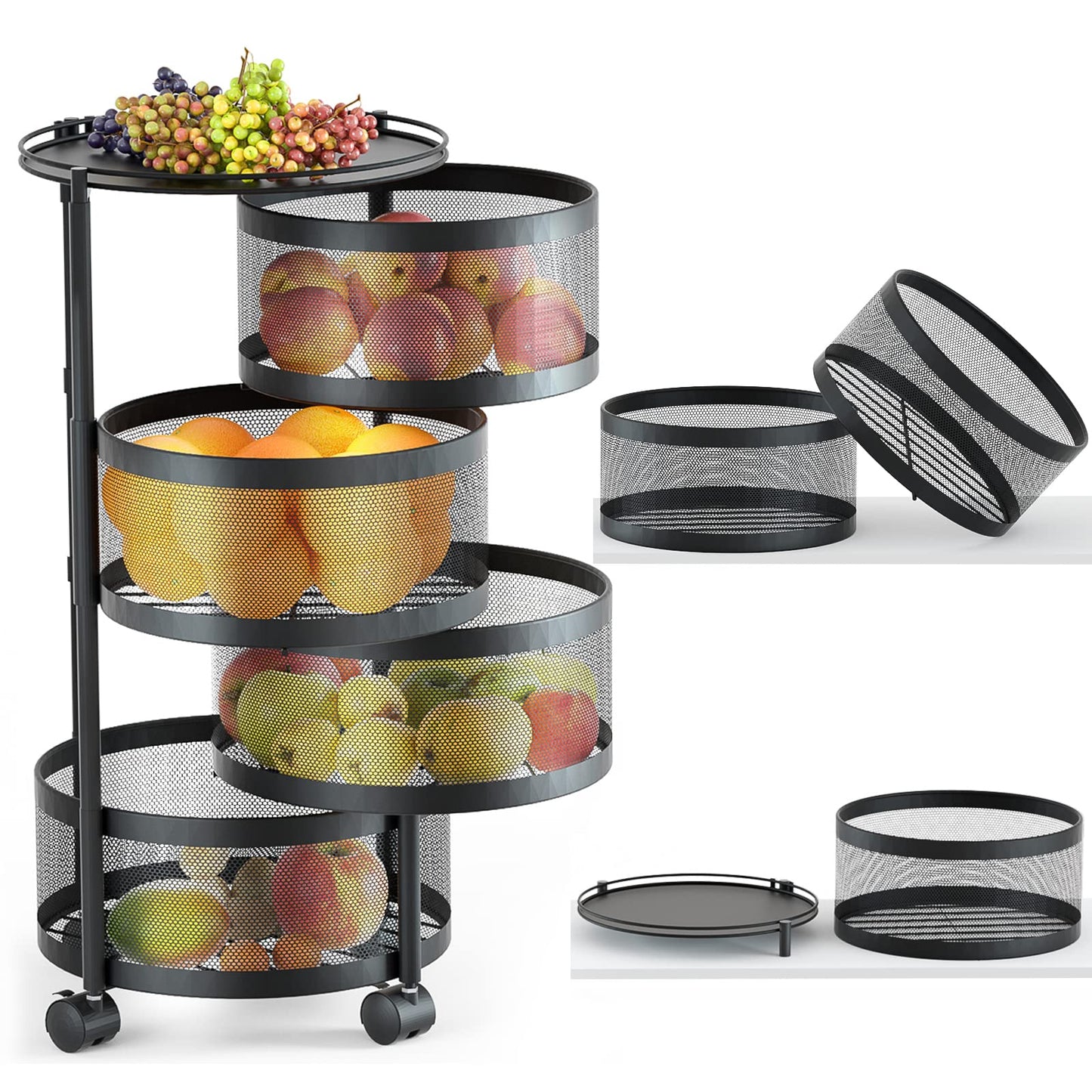 HOYRR Rotating Storage Rack for Kitchen, 4 Tier Fruit and Vegetable Storage for Kitchen Rotating Storages Rack with Wheels, Cart Space Saver Potatoes Fruit Basket, Black