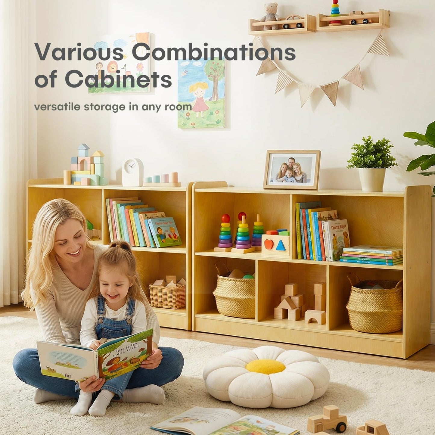 STEPLAY Montessori Shelf, Wooden Toy Storage Organizer with 2-Tier Shelf & 5-Section Storage Cabinet, Kids Bookshelf/Bookcase for Toddler Playroom, Nursery, Classroom(Natural)