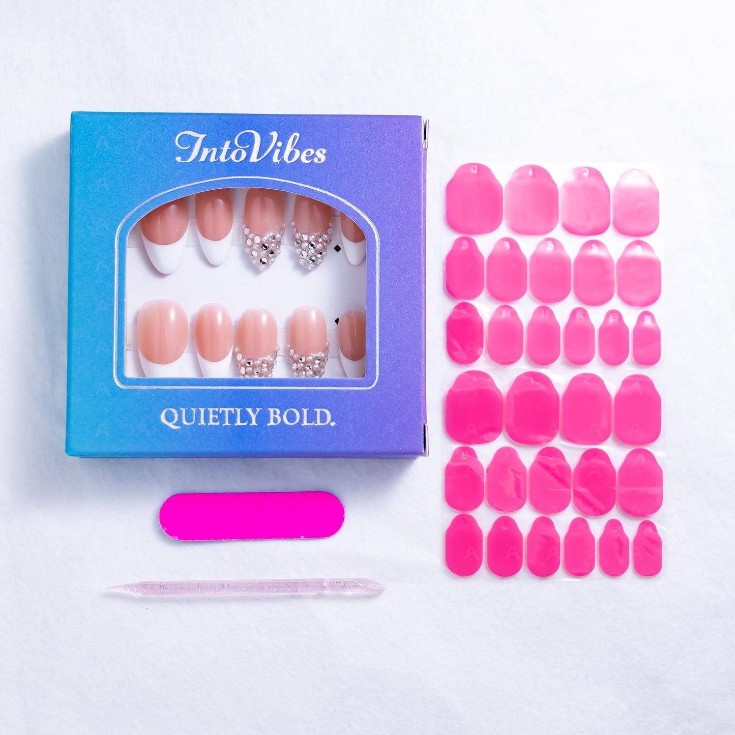 IntoVibes 10 Pieces Handmade Press On Nails Medium Almond, White Thickened French False Nails, Pearls And Rhinestone, Reusable Fake Nails Almond, Reusable Acrylic Nails (M)