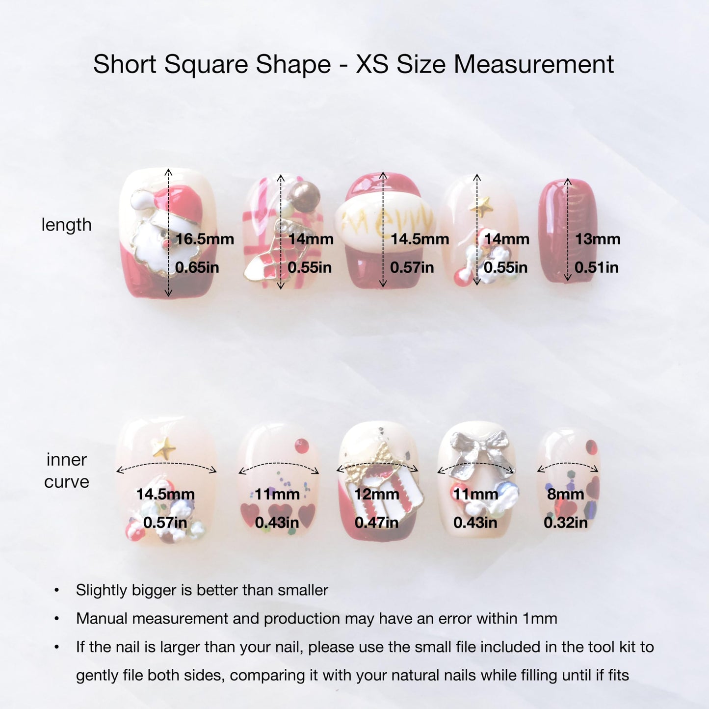 GLORS Collection Nail Painting Christmas Press-On Nails, Short Square Shape, Hand-Painted & 3D Winter Design, Holiday Party Artificial Nails, 10 Pieces (XS, SS)