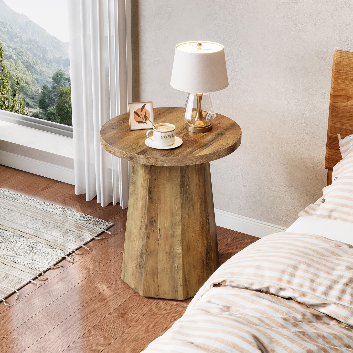 Tribesigns Round Pedestal End Table, Farmhouse Couch Side Table with Octagonal Base, Wooden Drink Stand Accent Nightstand (1, Rustic Brown)