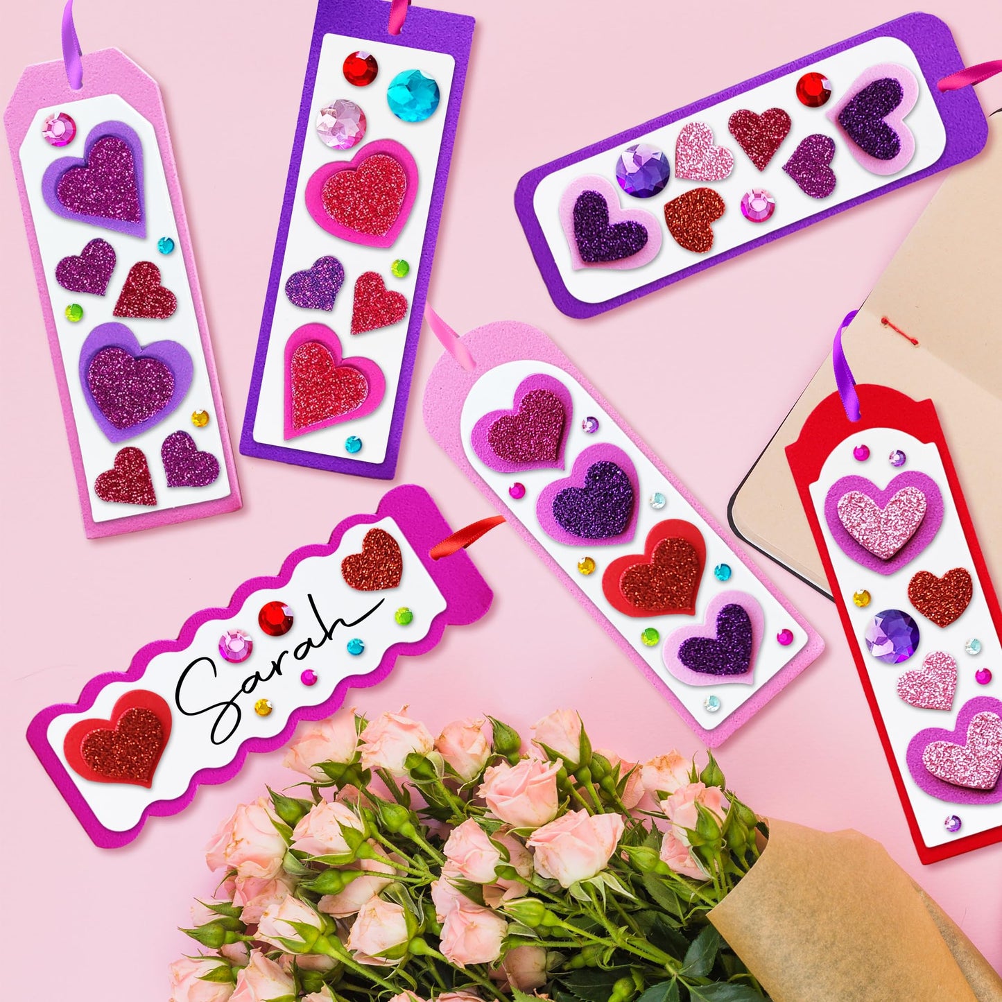 ArtCreativity 314 PCS Valentine’s Day Bookmark Craft Kit - Makes 24 Bookmarks - Valentine Crafts for Kids Classroom - Valentines Bookmark Craft Kit with Hearts, Glitter Stickers, Rhinestones, Ribbons
