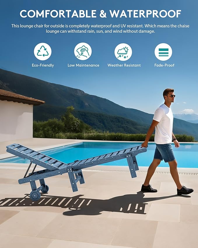 SERWALL Outdoor Chaise Lounge Set of 6, HDPE Pool Lounge Chair with 5-Position Adjustable Backrest, Patio Lounger with Rolling Wheels & Cup Holder for Pool, Navy