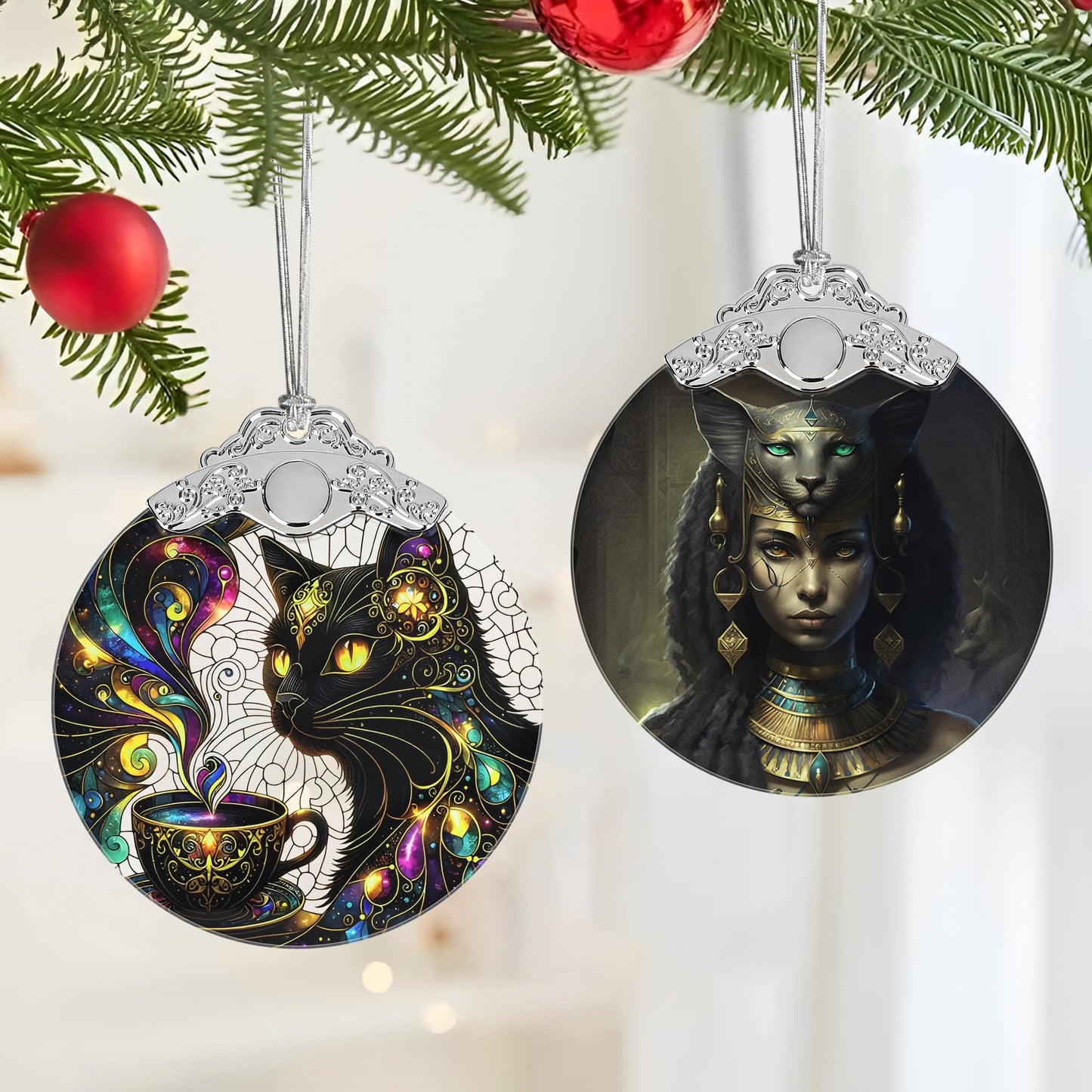 Stained Glass Cat Christmas Tree Ornaments - Black Cat Xmas Gift for Friend, Family or Coworker