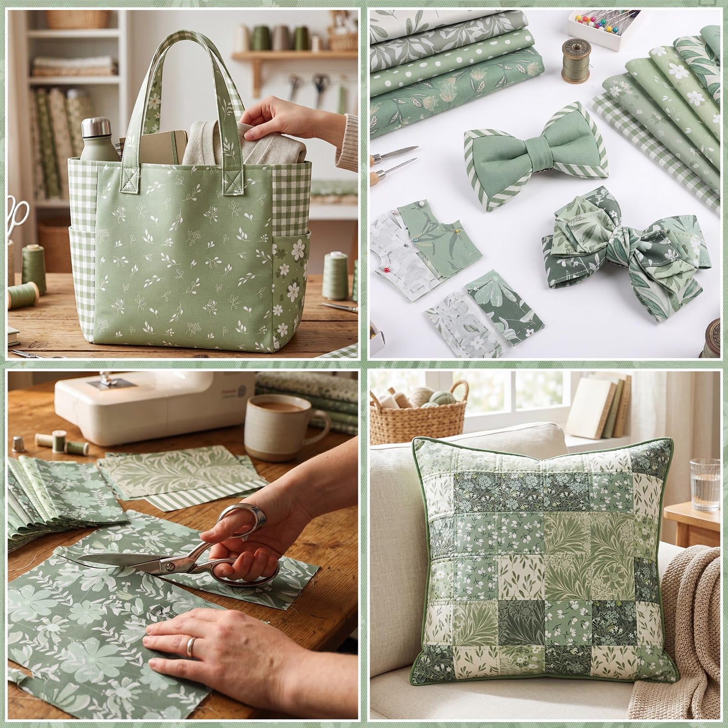 25 Pcs Sage Green Quilting Fabric Scraps, 10''x10'' Green Cotton Fabric Squares Vintage Precut Quilt Kits Include Floral Pattern Spring Leaf Print for DIY Craft Supplies