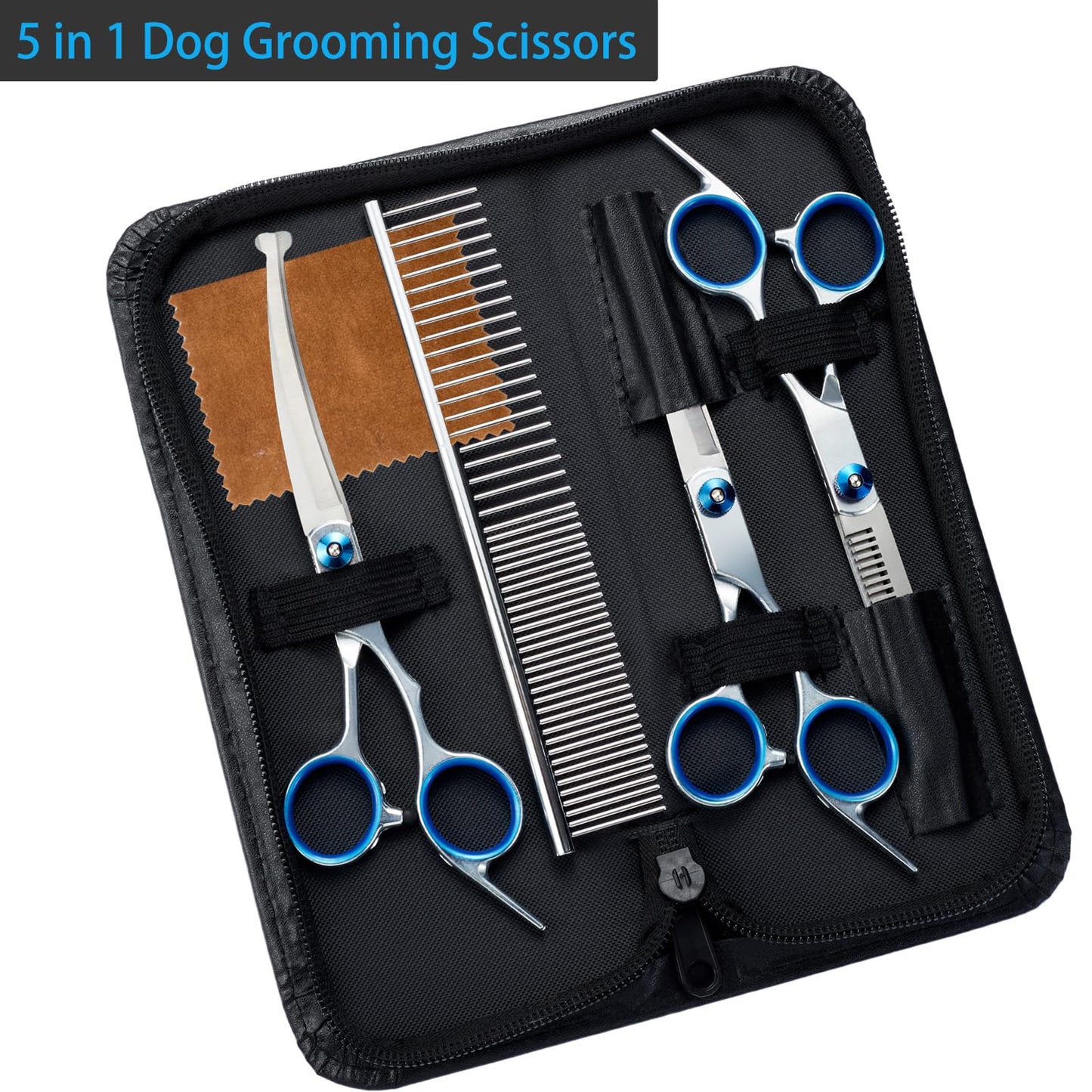 5 in 1 Premium Dog Grooming Scissors, Professional Dog Scissors for Grooming with Safety Round Tips, Lengnoyp Stainless Steel Thinning Shears, Pet Cat Shears for Grooming Kit