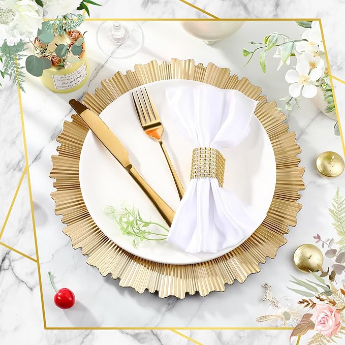 Mifoci 12 Pcs Champagne Gold Charger Plates Bulk 13 Inch Plastic Round Chargers Fluted Edge Dinner Plate Wedding Decoration for Table Setting Wedding Party Event Tabletop
