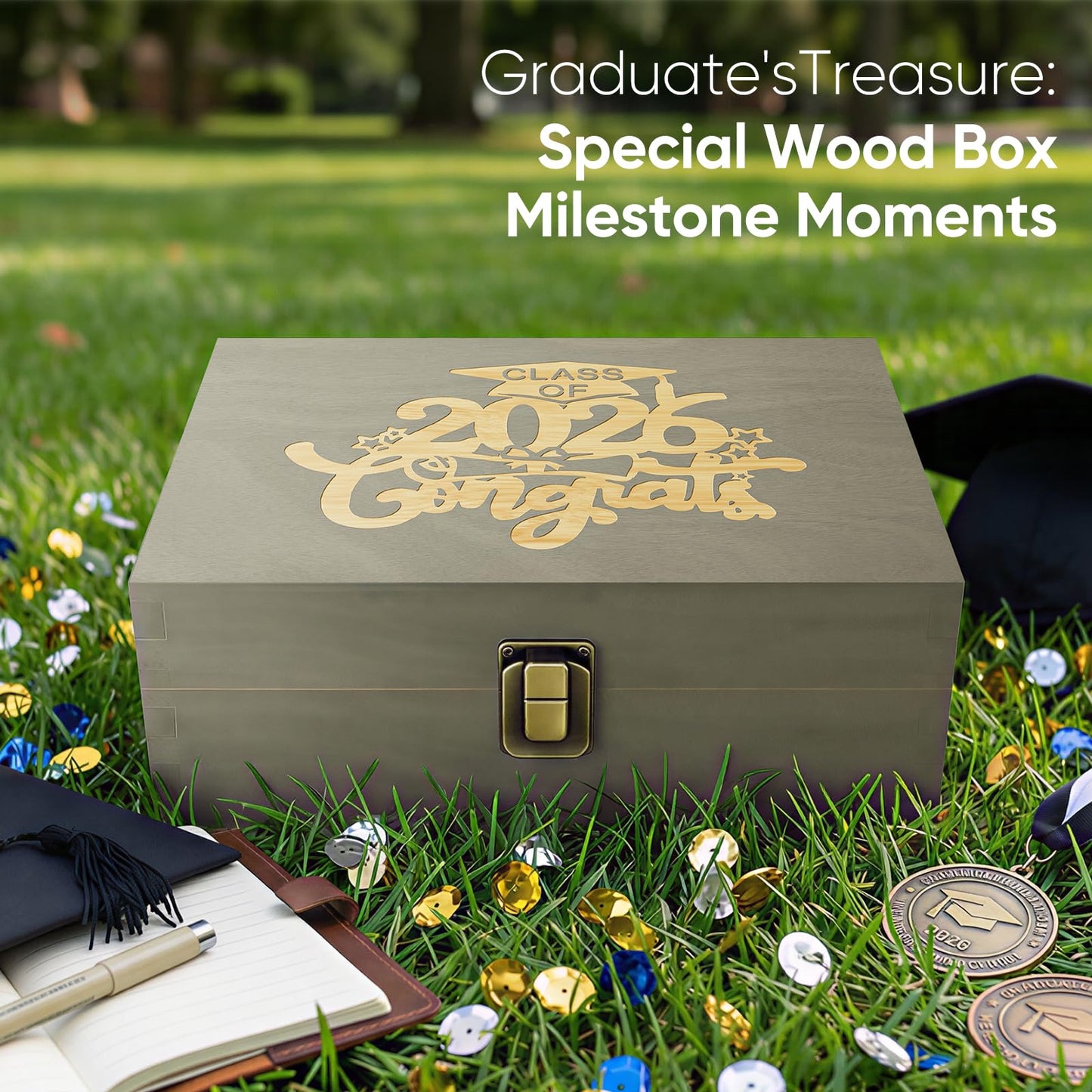 REMEIT Graduation Keepsake Box - Engraved Class of 2026 Wood Memory Box Congrats Grad Gift for Him Her, Perfect for Storing Graduation Memories & Mementos