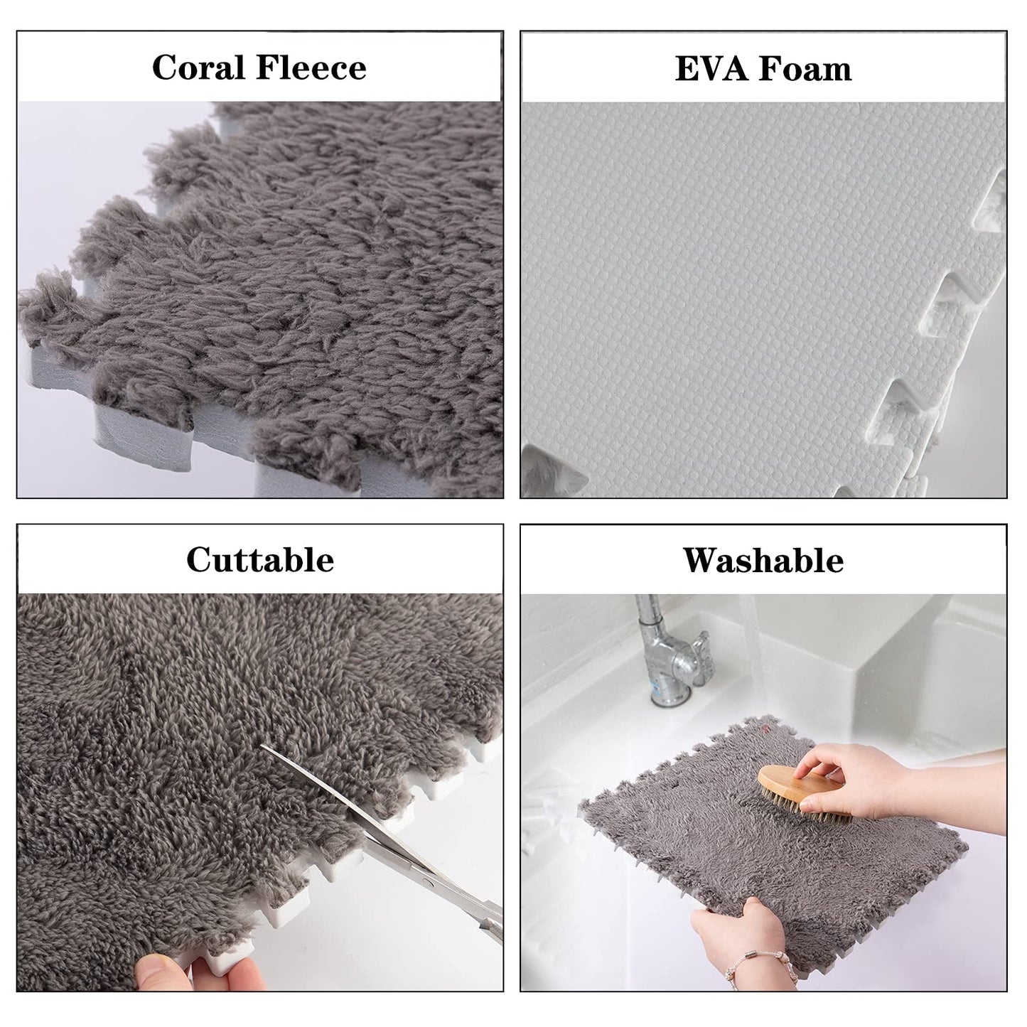 12 pcs Thickened Plush Interlocking Floor Mat 0.6" Thick- Fluffy Square Tiles with 12 Edgings Soft Anti-Slip Puzzle Area Rug Playmat for Room (11.8", Gray & Light Brown)
