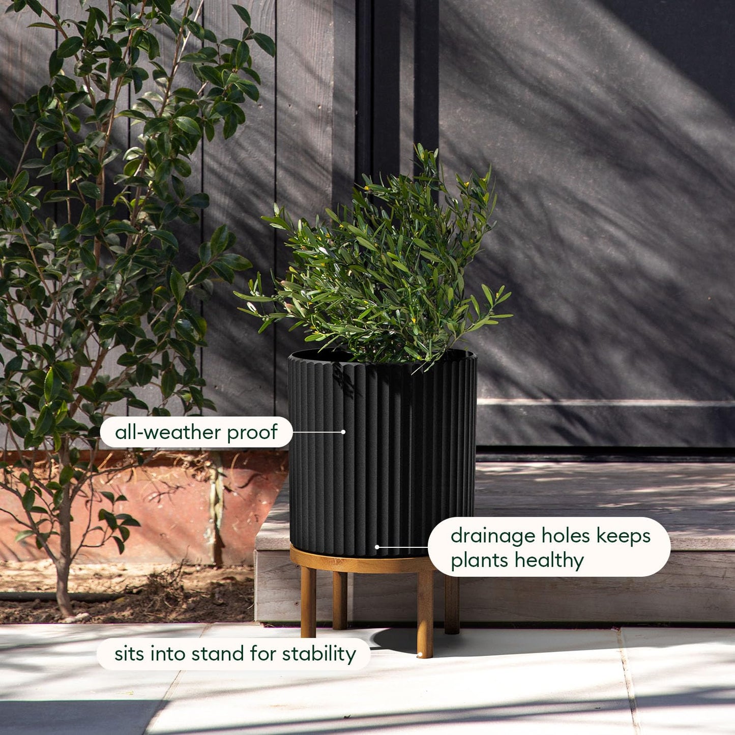 Veradek Demi Series Round Planter w/ Stand for Porch/Patio | Durable Plastic-Concrete & Wooden Stand | Modern Décor for Tall Plants, Flowers