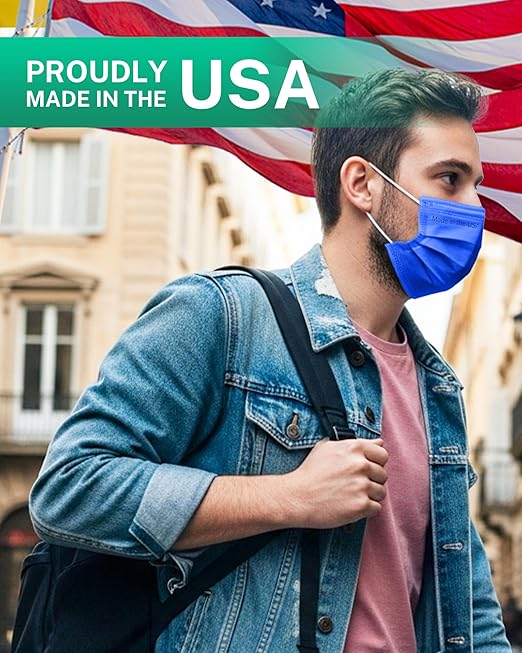 Disposable Face Masks Made in USA, 4 Ply for Families, Students, Breathable All-Day Wear & Safety, FSA HSA Eligible, ASTM Level 3 Medical Grade, 50 Pack, Royal Blue