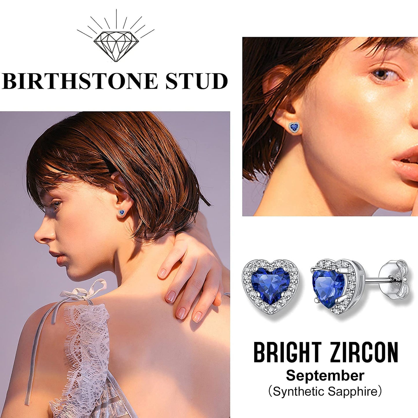 Bestyle Adorable September Sapphire Birthstone Stud Earrings 925 Sterling Silver CZ Heart Gemstone Studs Earrings Great Birthday Gift for Daughter/Wife/Mom/Grandma