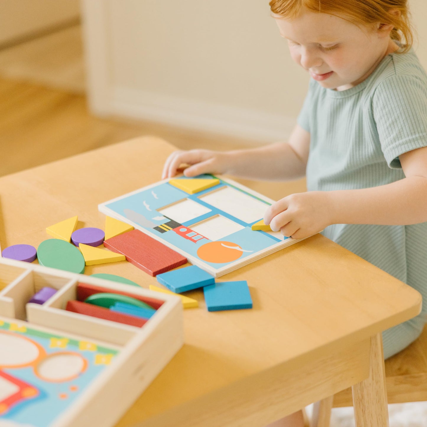Melissa & Doug Beginner Wooden Pattern Blocks Educational Toy with 5 Double-Sided Scenes and 30 Shapes Puzzles for Kids 3+