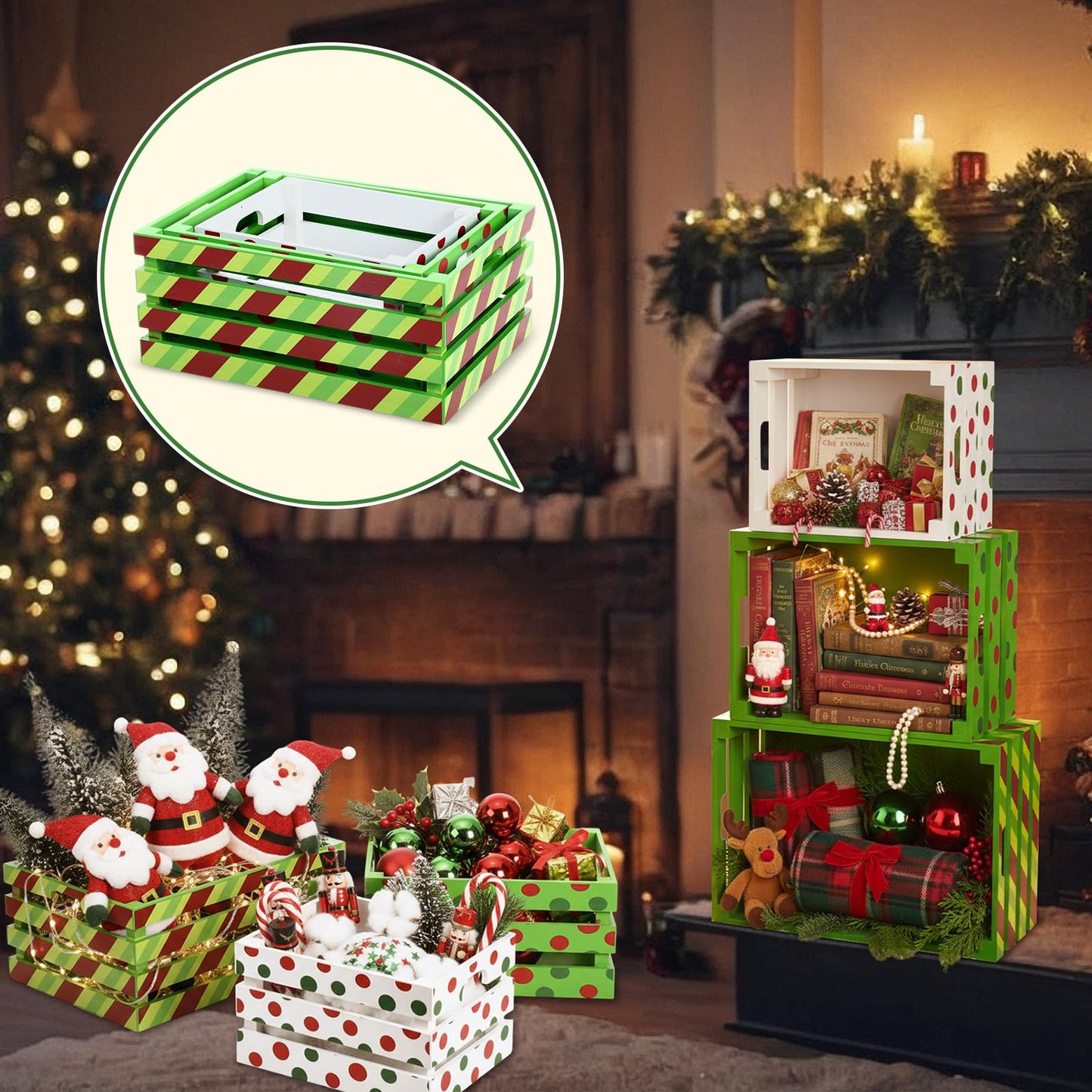 Novabright 3 Pcs Christmas Wood Crates 13'' 11'' 9'' Decorative Rustic Nesting Crate with Handle Farmhouse Wood Storage Basket Gift Boxes for Winter Display Candy Craft Pet Holiday Decor(Clean Style)