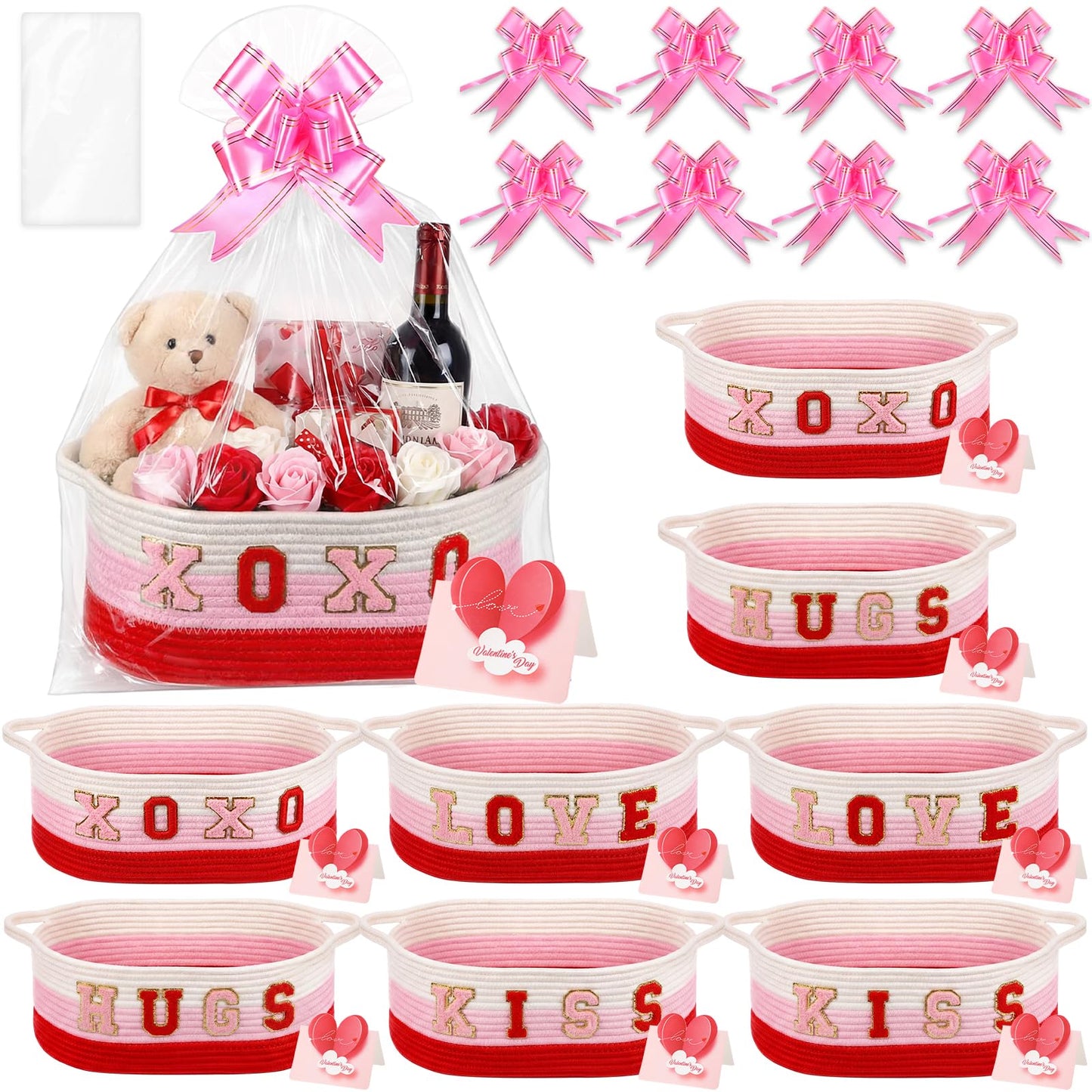 8 Set Valentines Day Gift Basket Woven Empty Basket with Cellophane Bags Pull Bow Greeting Card & Letter Stickers Empty Decorative Gifts Chest Box with Handles for Party Favors Baby Shower (Small)