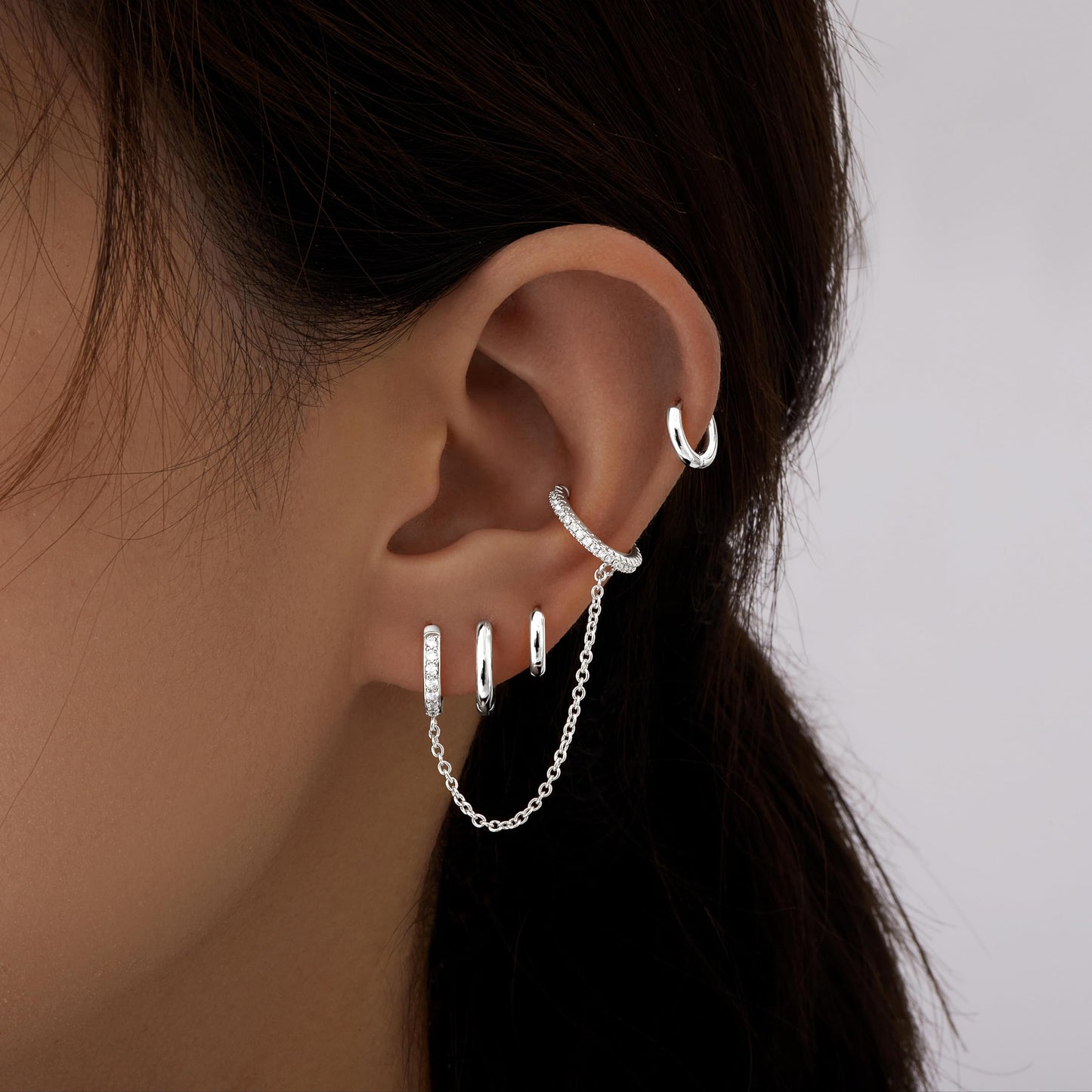 Silver Chain Hoop Cuff Earrings for Women, Double Piercing Chain Huggie Small Stack Cartilage Hoop Earring Sets for Multiple Piercing, Conch Helix Rook Tragus Daith Clip On Jewelry Set Gifts