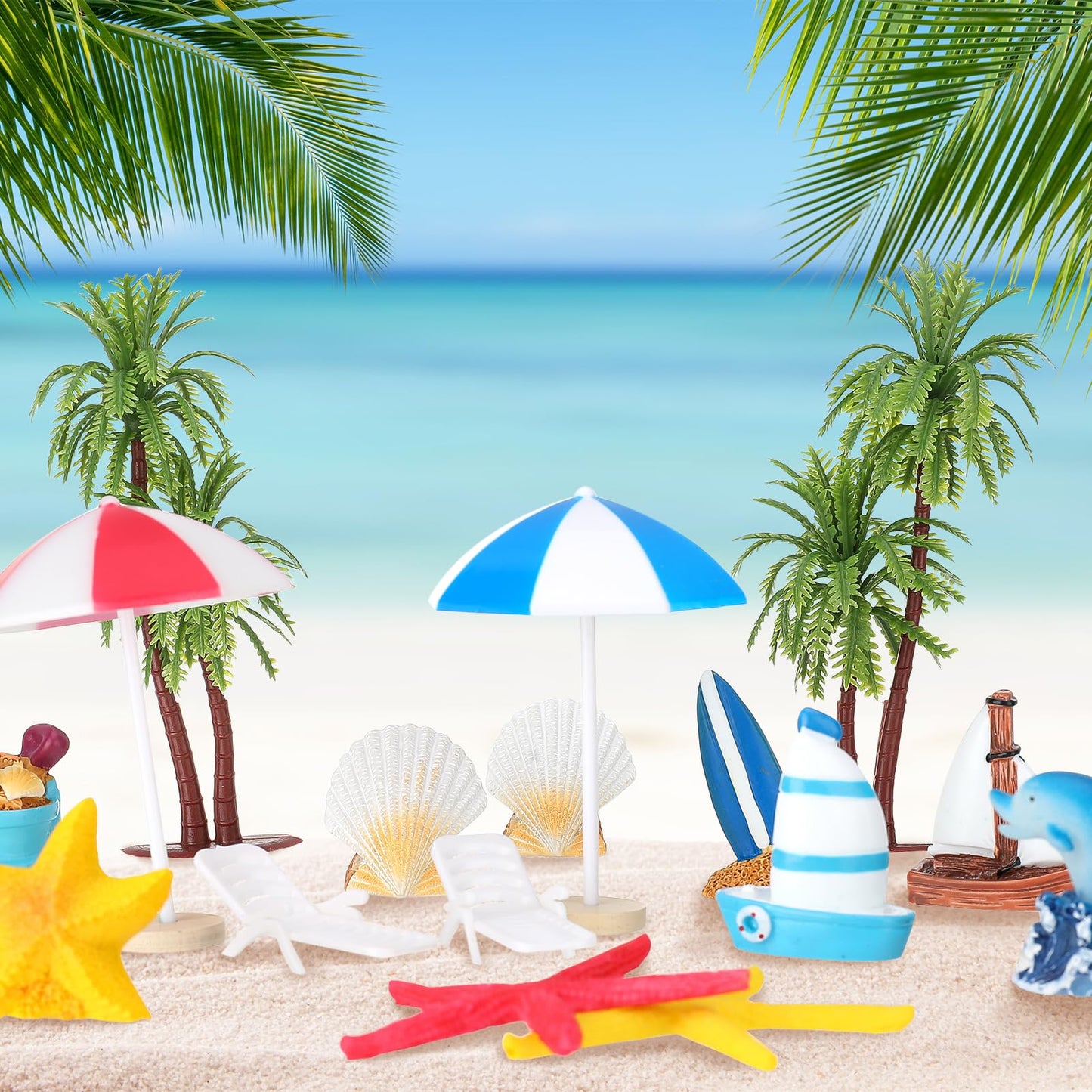 Guiqulai 33Pcs Summer Beach Cake Toppers, Hawaiian Ocean Pool Party Decorations for Birthday Cakes & Cupcakes, Tropical Blue Surfboard Starfish Coconut Tree Mini Figurines