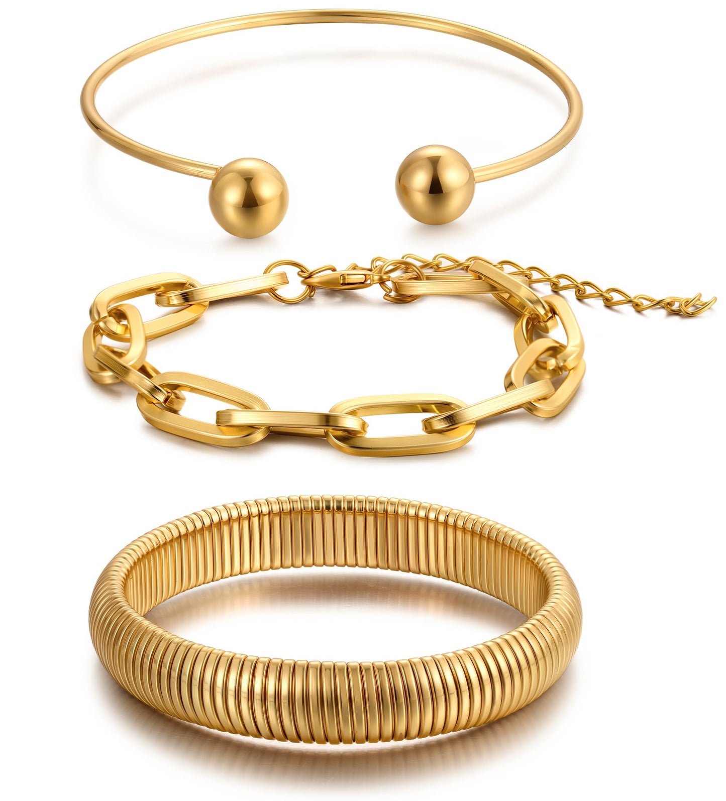 Chunky Gold Bangle Bracelets for Women, Dainty 14k Gold Plated Stackable Chain Bracelet Set, Trendy Statement Cuff Ball Bangles Stack Jewelry