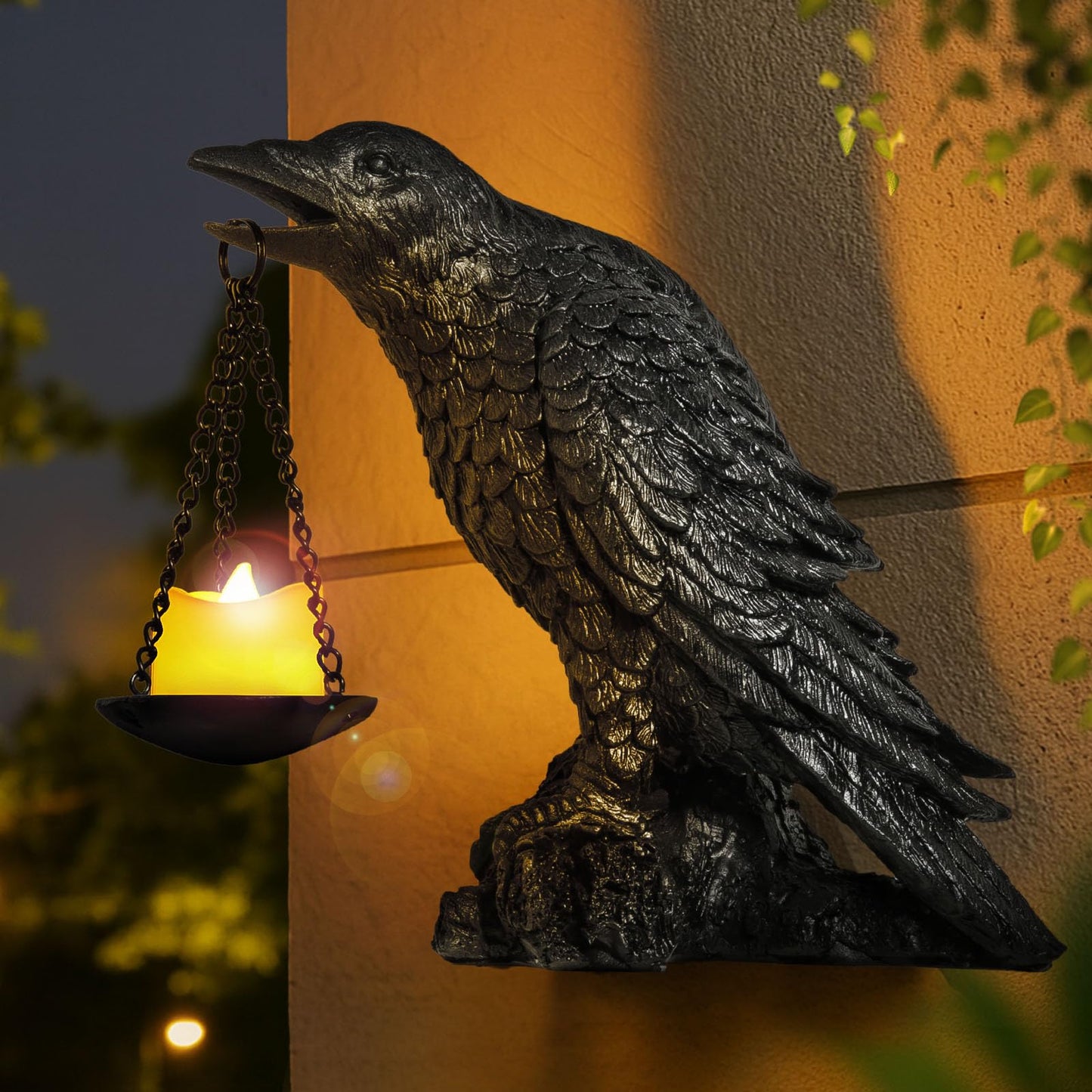 Gothic Crow Wall Art Decor Outdoor Wall Sconce Raven lamp Table Candle Holder Halloween Wall Decor for Patio Garden Bedroom Resin Tealight Statue Black