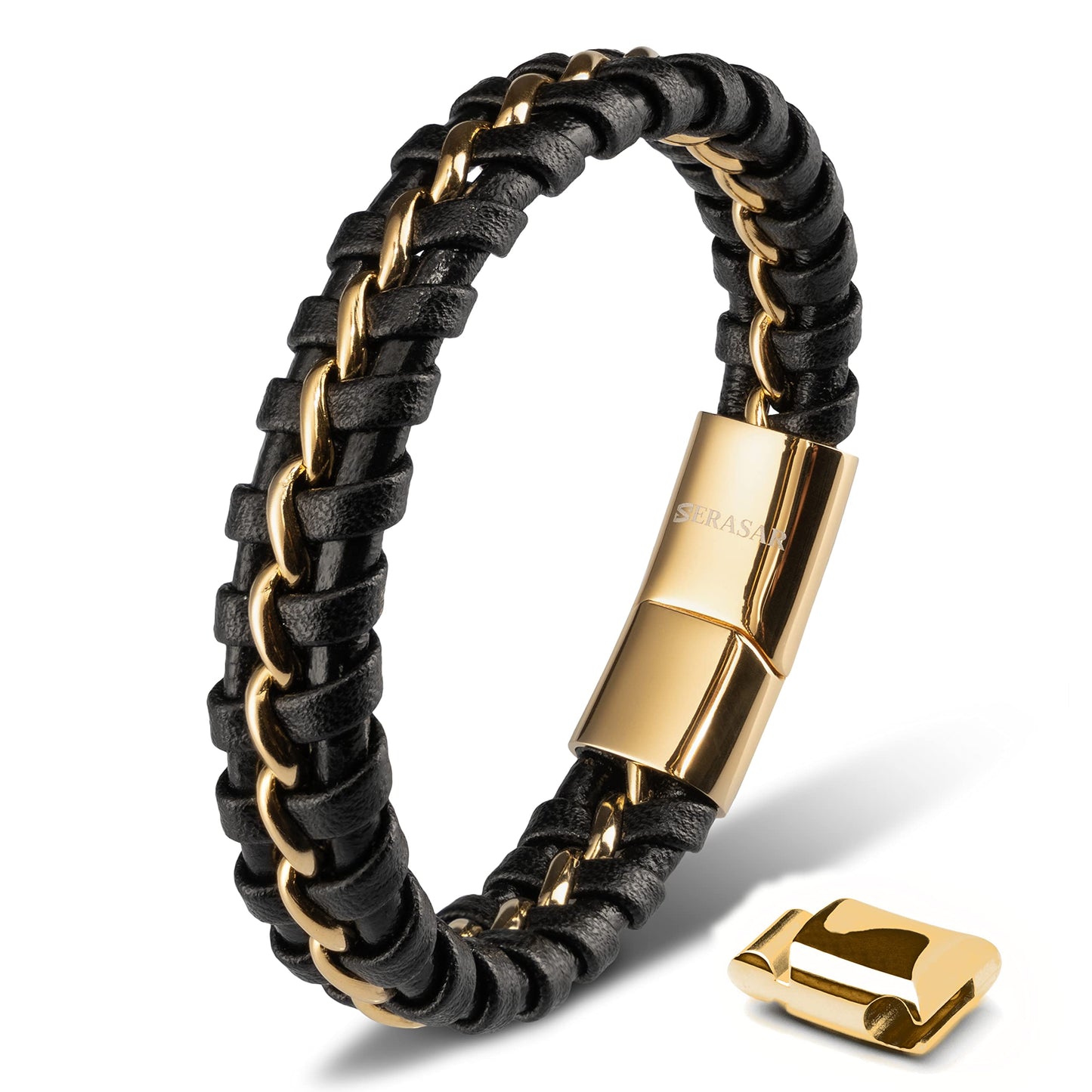 SERASAR Mens Bracelets Leather 17cm Gold Bracelet Men Gift Box Genuine Cowhide Braided Adjust Able Magnetic Clasp Multi Layer Wrap Rope Band Jewelry Magnet Accessories