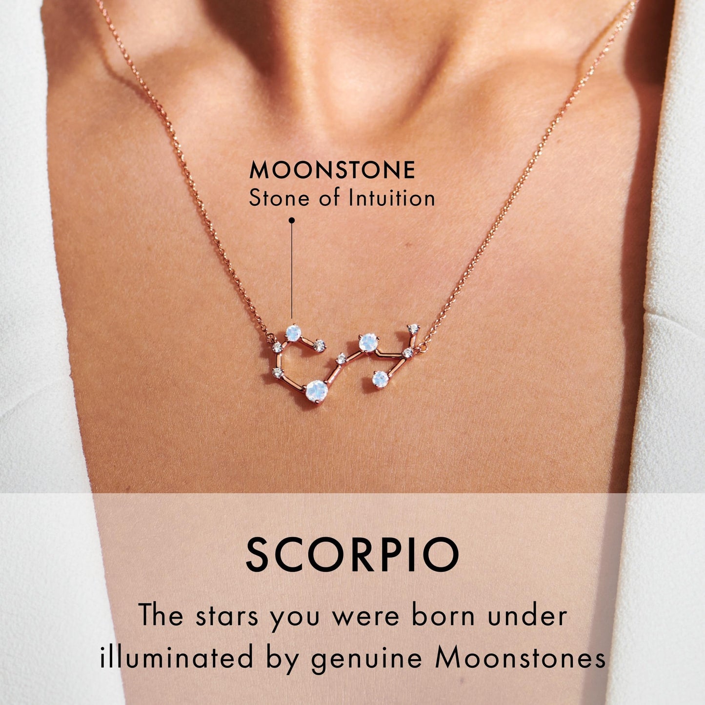 Moon Magic Moonstone Necklace - Scorpio Zodiac Constellation / 925 Sterling Silver - 18k Rose Gold - Yellow Gold Rainbow Moonstone Necklaces for Women/Authentic Rainbow Crystal Jewelry