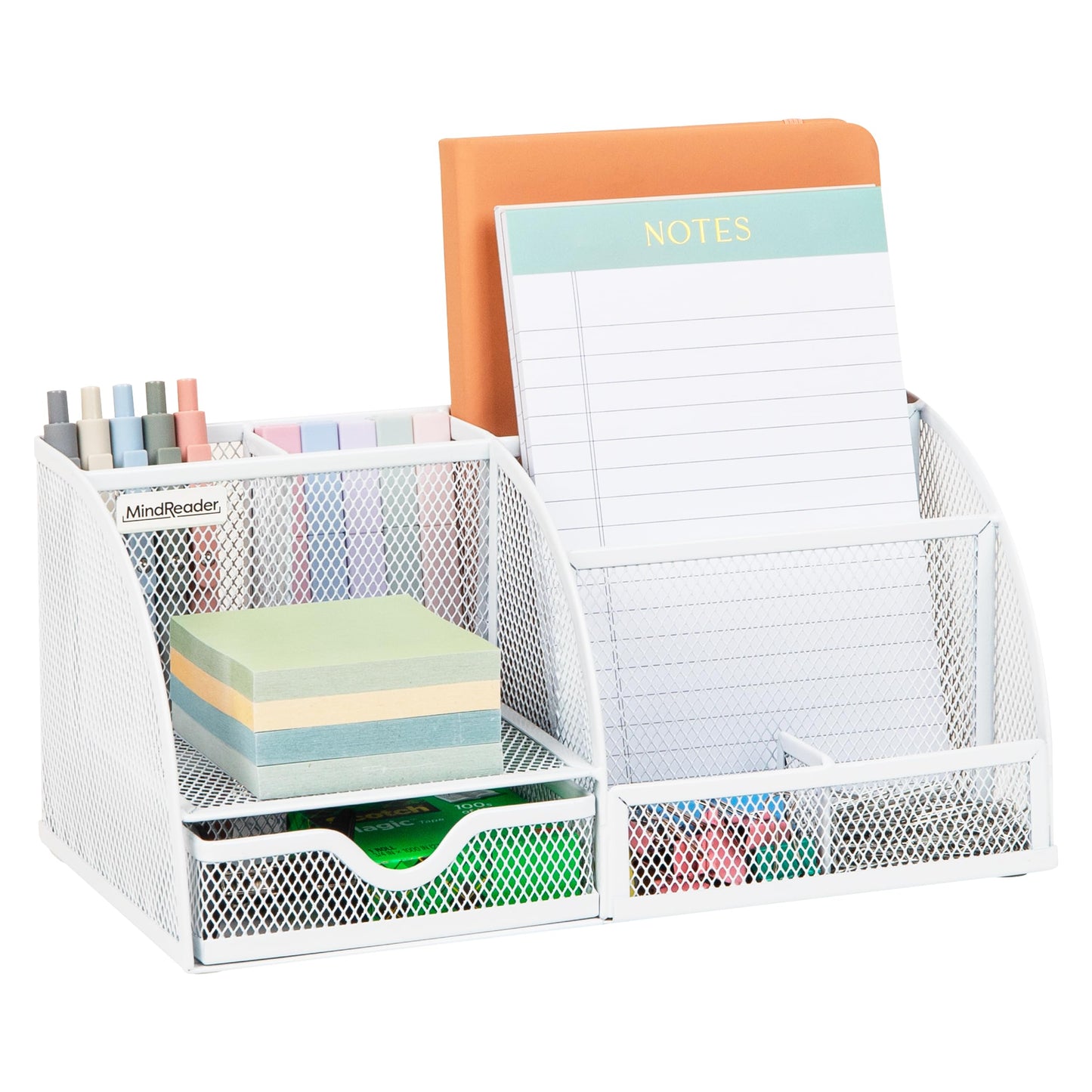 Mind Reader 7-Compartment Desktop Organizer, File & Accessory Storage, Metal Mesh Office Organizer for Desk, Workspace, Mail, White