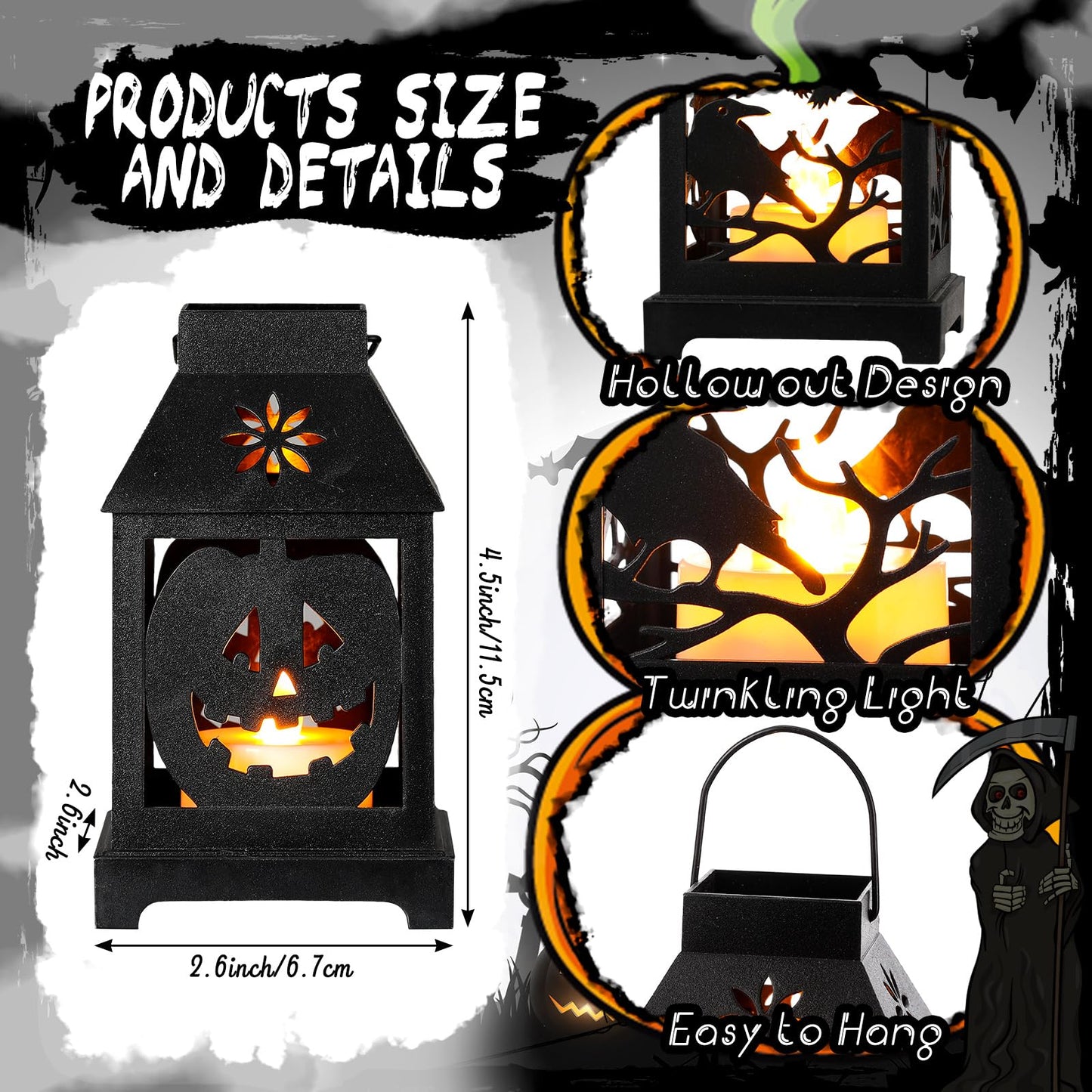 Tujoe 6 Pcs Halloween Mini Lantern with Flickering LED Candles 4.5 Inch Halloween Lantern Decoration Bulk Decorative Hanging Spooky Halloween Lanterns for Indoor Outdoor Party Halloween Decoration