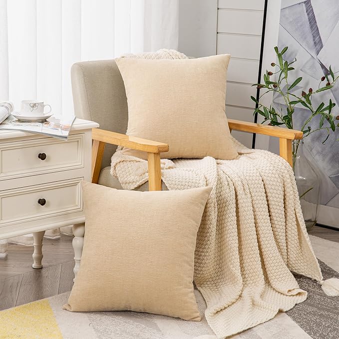 GAWAMAY Decorative Square Throw Pillow Covers 18"x18" Inch Set of 2, Super Soft Chenille Pillows Farmhouse Fall Pillowcase for Living Room Bedroom Sofa Couch Cushion Cover Beige 45x45cm (No Insert)