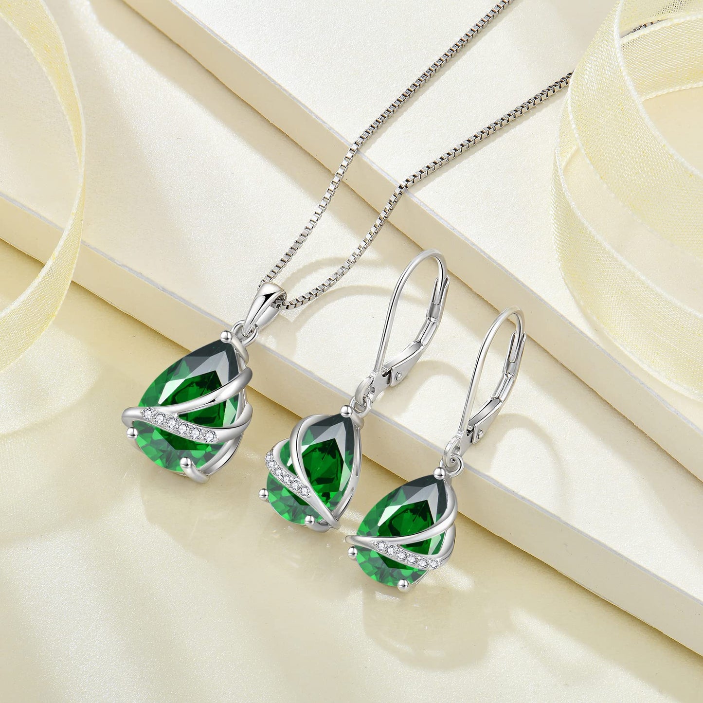 Rocayi Teardrop Emerald Earrings 925 Sterling Silver Dangle Drop Earrings May Birthstone Jewelry for Women