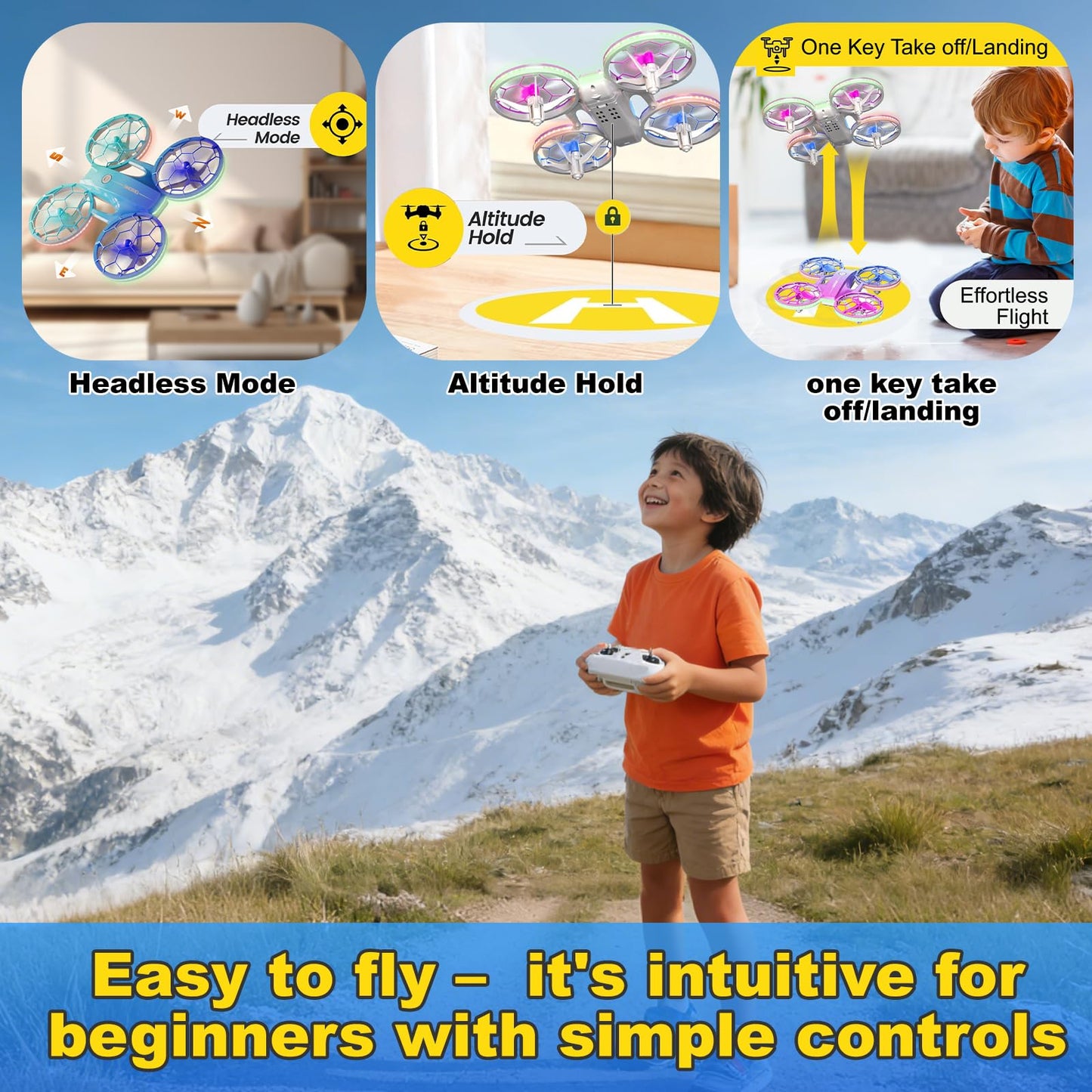 Drone for Kids and Beginners, Quadcopter Indoor Small with 2 Modular Batteries, 360° Flips, 3 Speeds, Auto Hover, LED Lights, Great Valentine‘s Day, Birthday Gift Toy for Boys and Girls