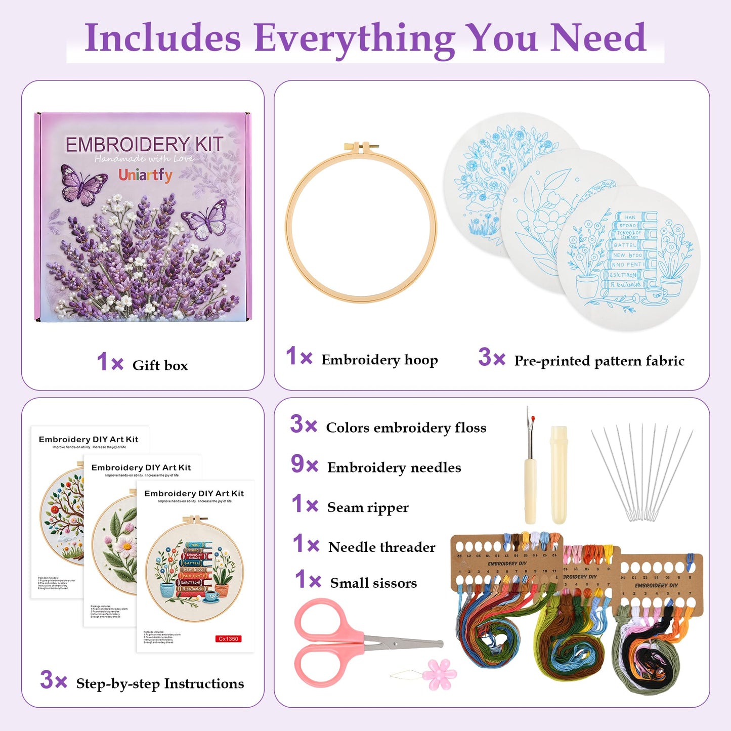3 Sets Embroidery Kit for Beginners with Stitch Video, Flower Butterfly Tree Books Cross Stitch Kits for Adults, Needle Point Kits with Stamped Pattern, Hoop, Needles, Tools, DIY Arts and Crafts