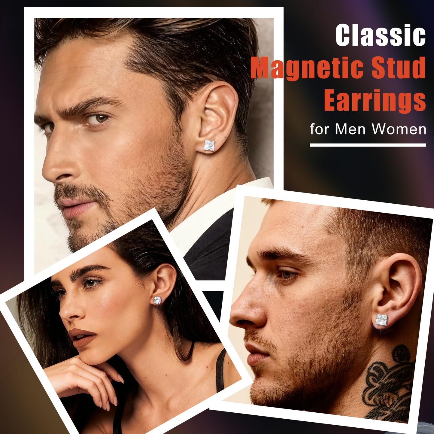 Jstyle 2 Pairs Stainless Steel Magnetic Stud Earrings for Men Women Non-piercing CZ Hypoallergenic 5-8MM