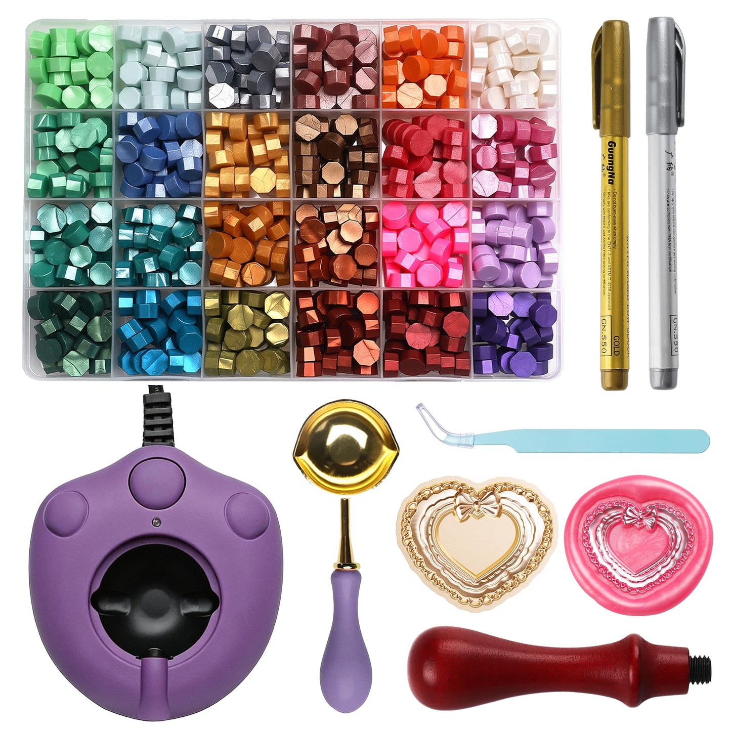 Wax Seal Stamp Kit - 24 Colors, 1pcs 3D Frame Stamp & 624 Pcs Stamp Beads, Electric Sealing Wax Warmer, Metallic Pen Decoration Setr (24, K)