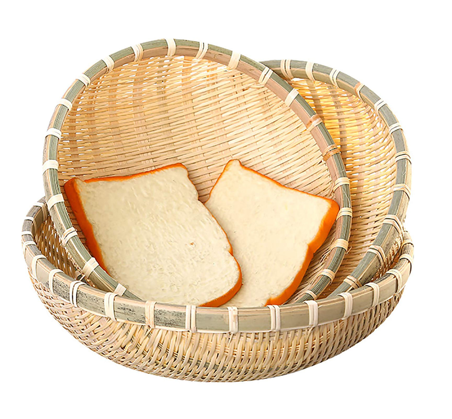 Cedilis 3 Pack Bamboo Basket Tray, Wicker Bread Basket, 100% Natural Handmade Woven Fruit Basket, U Shape Holder Flat Shallow Vegetables Serving Basket, Stackable, 10Inch, 11Inch, 12Inch