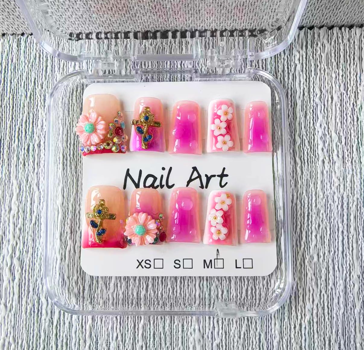 Handmade Press on Nails Duck Medium False Nails Purple French Tip Fake Nails with 3D Flower Designs Charm Cute luxury Acrylic Nails for Women (Size M）10pcs