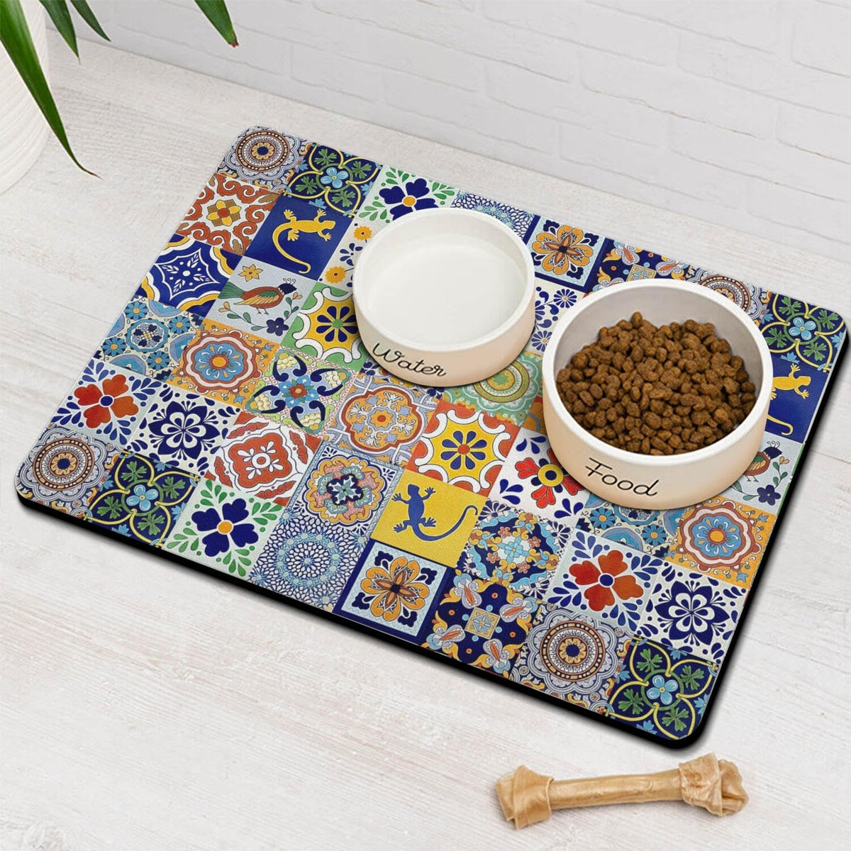 Moroccan Trellis Dog Food & Water Mat, Mexican Talavera Boho Colorful Pet Feeding Mat for Floor Non-Slip Waterproof, Super Absorbent Cat Bowl Mat, Easy to Clean Durable Pet Placemat,16" × 24"