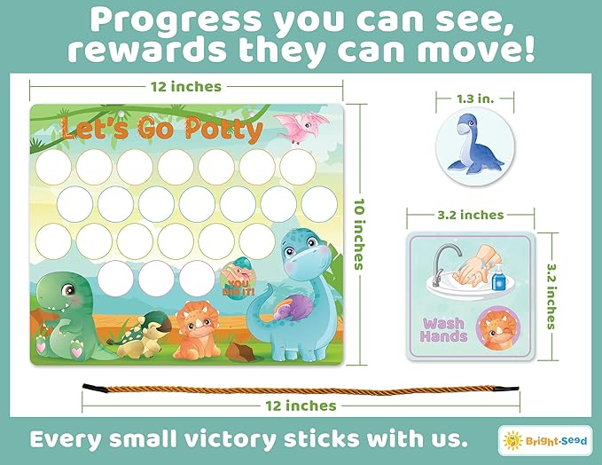 Bright Seed Reusable Magnetic Dinosaurs Potty Training Chart, Potty Training for Boys, Potty Training Sticker Chart, Potty Training Rewards for Boys, 12x10 Inches Magnetic Chart with 28 Chips