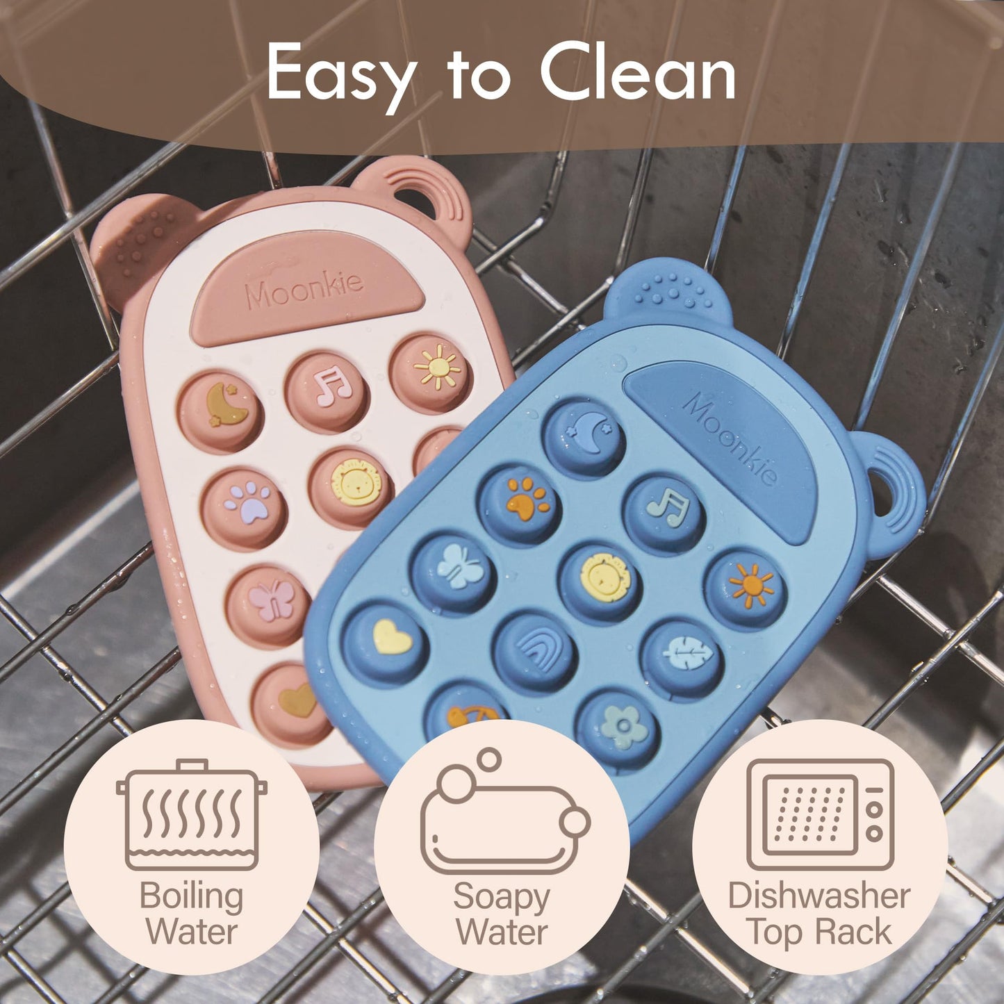 Moonkie Silicone Press Phone Teething Toy for Baby 3 Months+ | Soft BPA-Free Teether with Icon & Number Pop Bubbles | Ideal Gift for Baby Boys