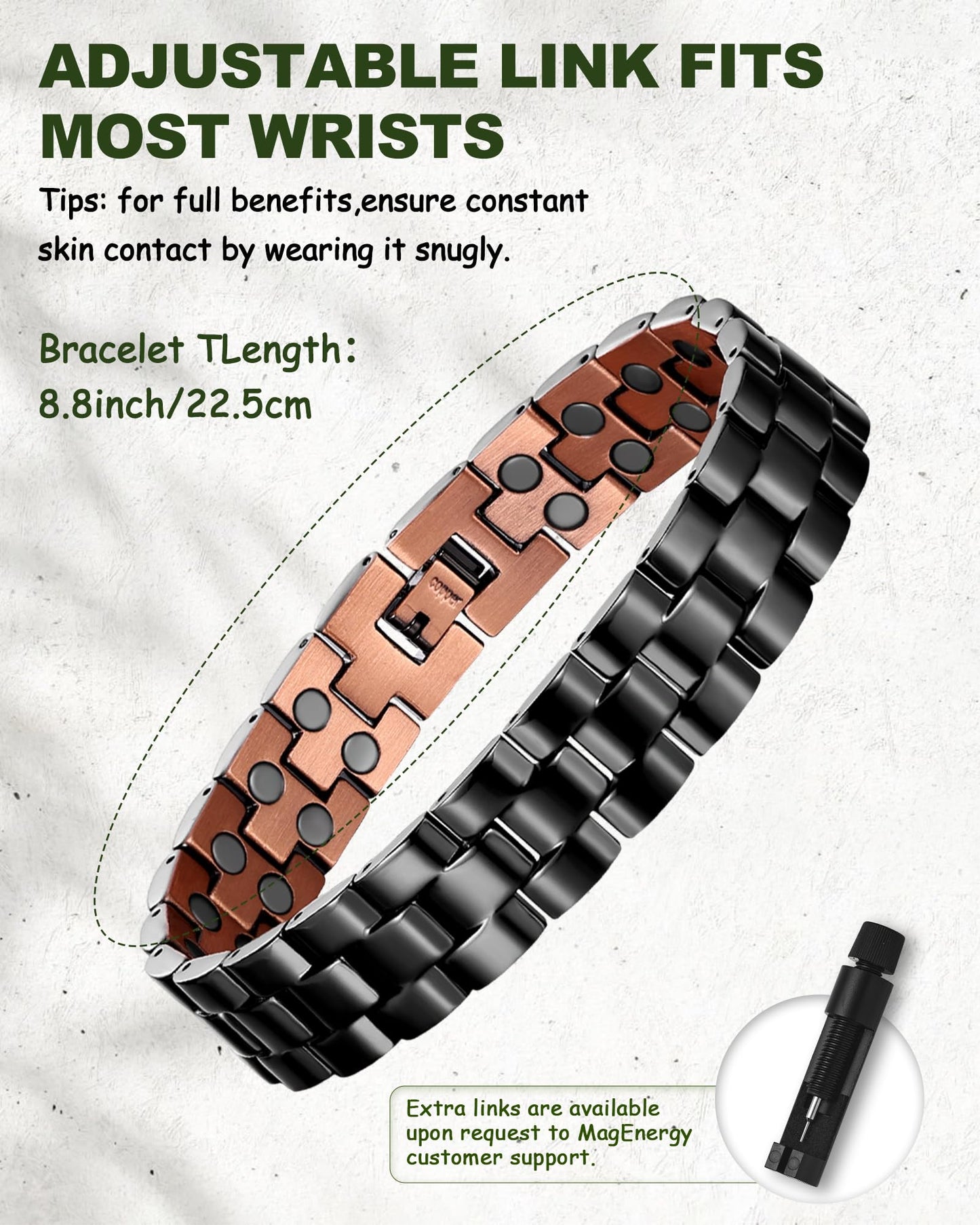 MagEnergy Copper Magnetic Bracelet for Men, 99.9% Pure Copper Bracelet with Double-Row Strength Magnets, Adjustable Jewelry with Sizing Tool