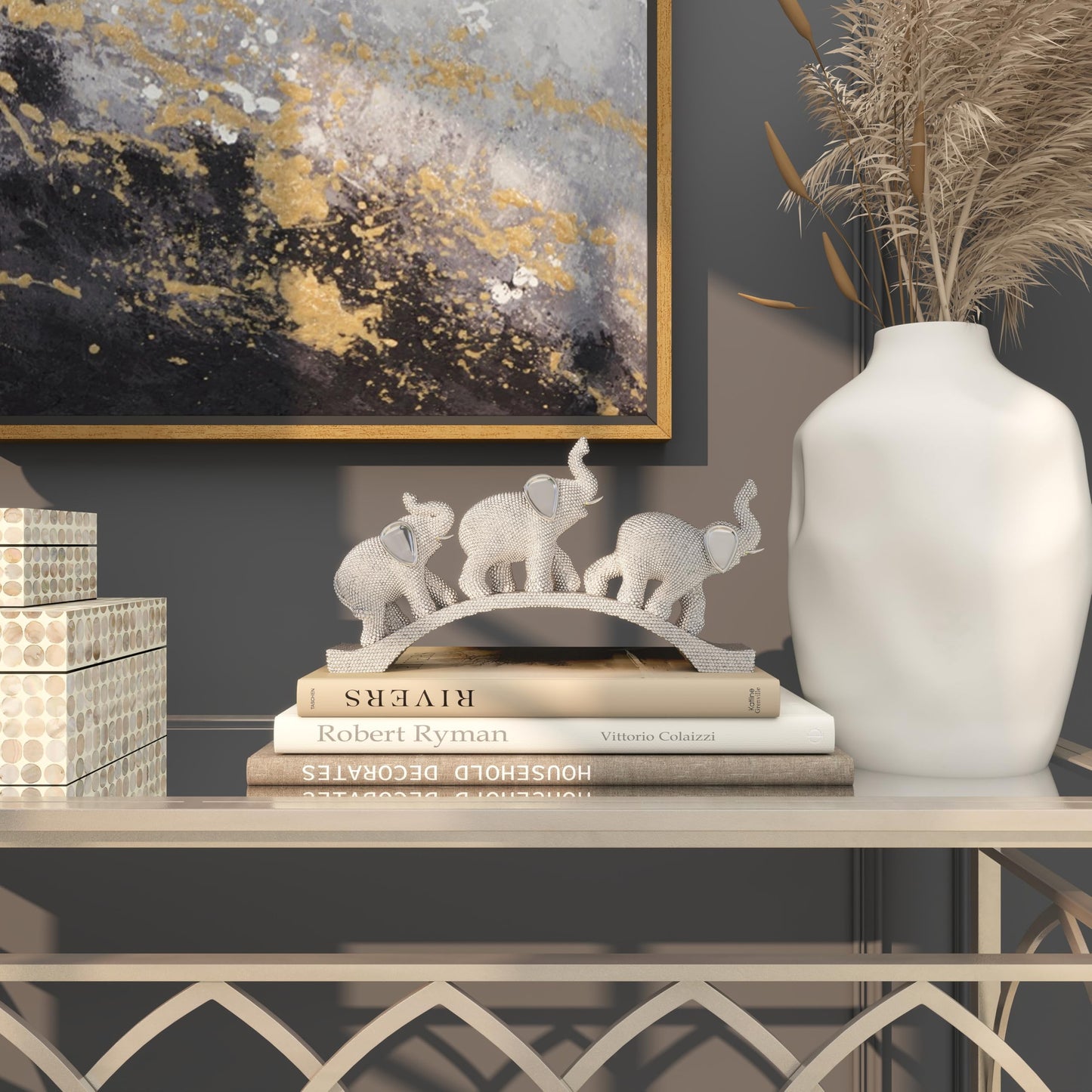 Deco 79 Polystone Elephant Decorative Sculpture Home Decor Statue, Accent Figurine 2" x 14" x 7", Silver