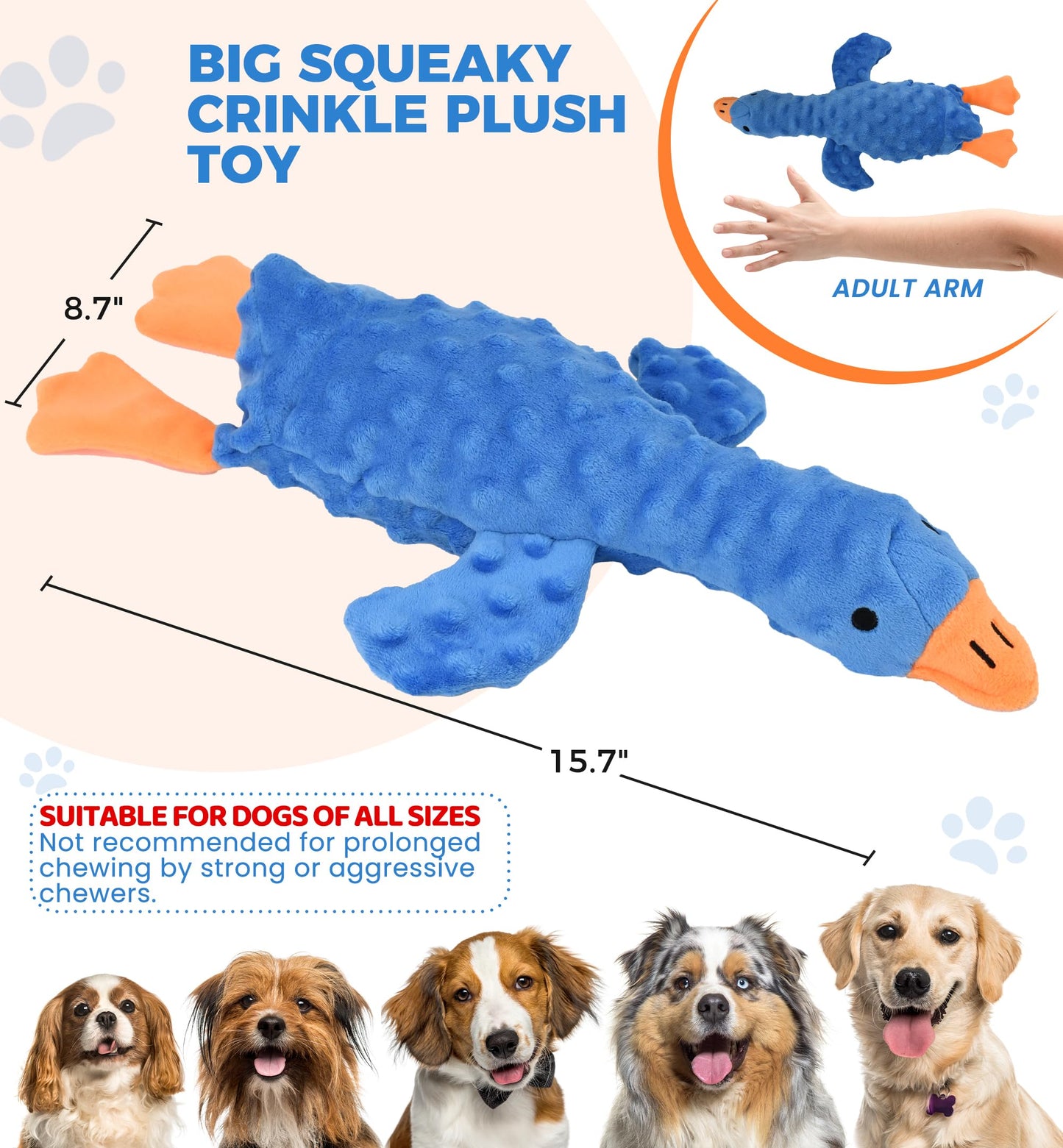 IPTPAS Squeaky Plush Dog Toy for All Breeds, Multifunctional Goose Dog Toy with Honking Sound, Crinkle Paper, Treat Pocket, Durable Soft Stuffed Animal for Chewing, Cuddling, Interactive Play (Blue)