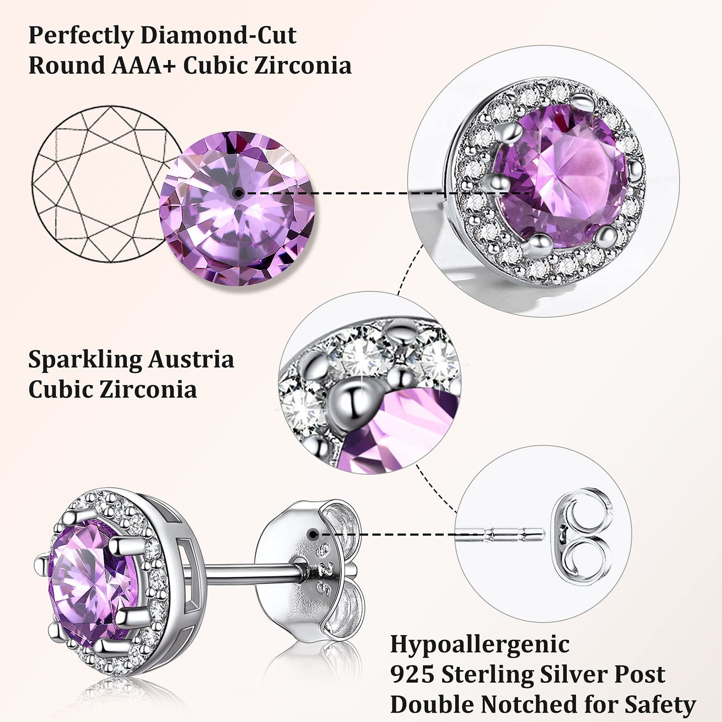 Bestyle Flattering June Alexandrite Round Crystal Earrings CZ Stud Earrings for Women Dainty 925 Sterling Silver Hypoallergenic Earrings for Women