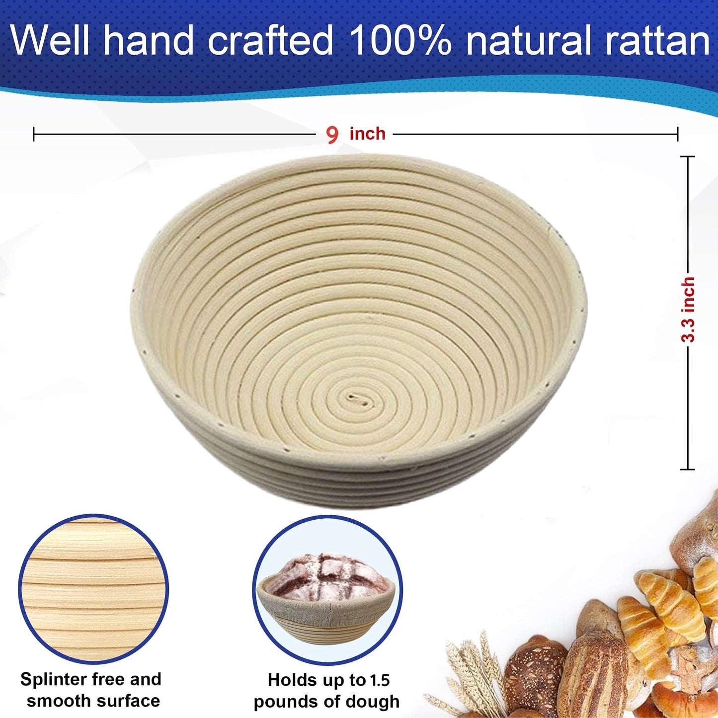 9 Inch Round Bread Banneton Proofing Basket Set of 2 – Sourdough Proofing basket kit for Artisanal Baking – Bread Making Tools For Professional & Home Bakers (9 inch round- 2 pack)