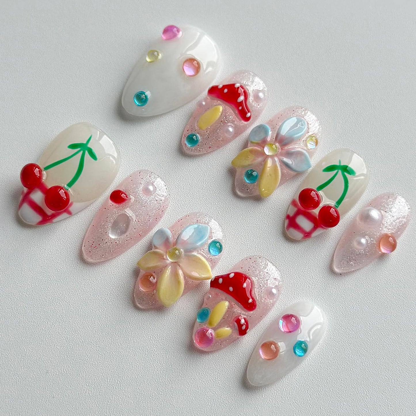Luxury Press on Nails Short Almond Handmade 3D Unique Reusable ABS Material Fake Nails French Tip False Nails with Designs Mushroom Flower Glitter Glossy Glue on Nail Thick Acrylic Nail(M)
