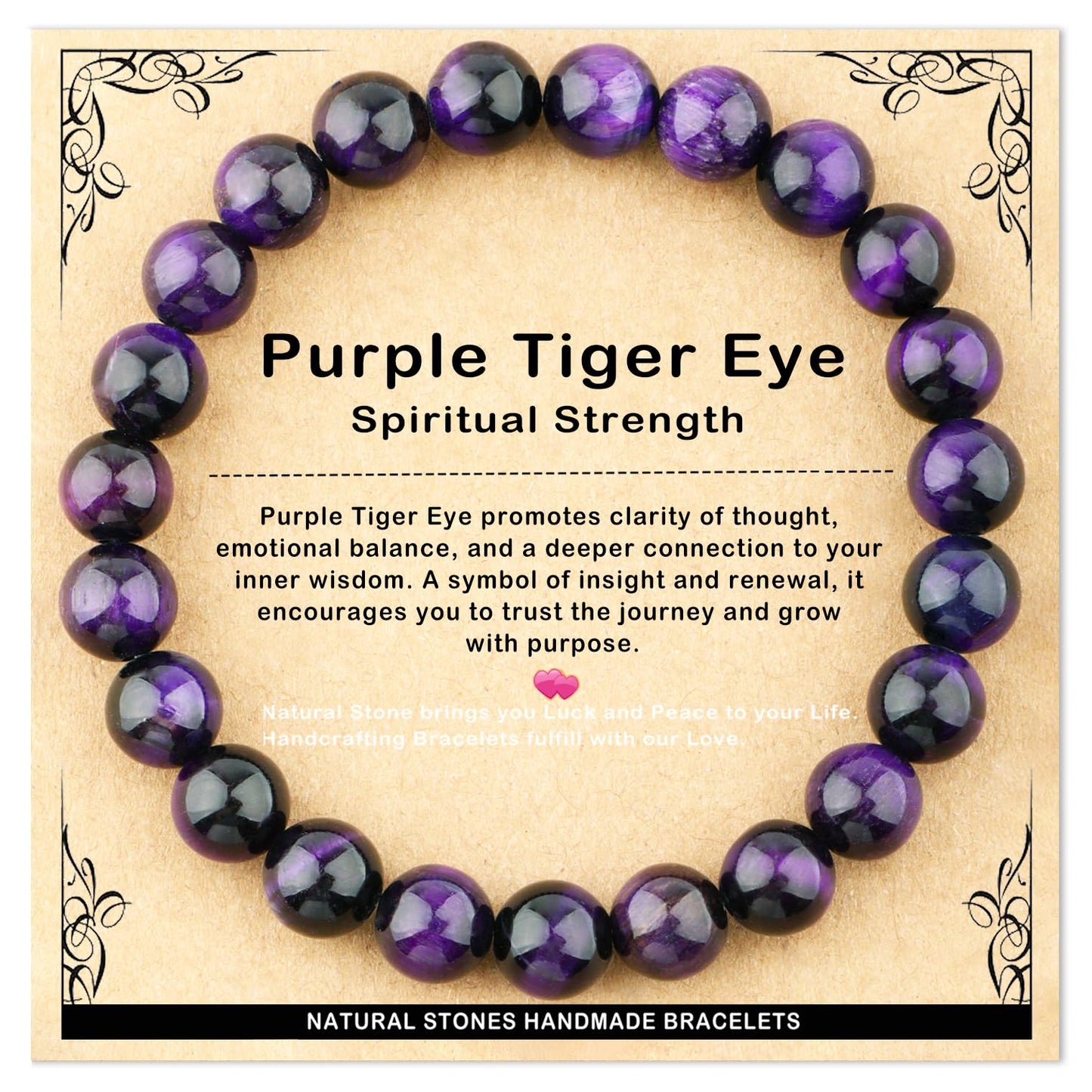 AD Beads 8mm Handmade Purple Tiger Eye Elastic Bracelet – Natural Gemstone for Peace and Tranquility – Meditation, Yoga, Healing and Energy Gift for Men Women