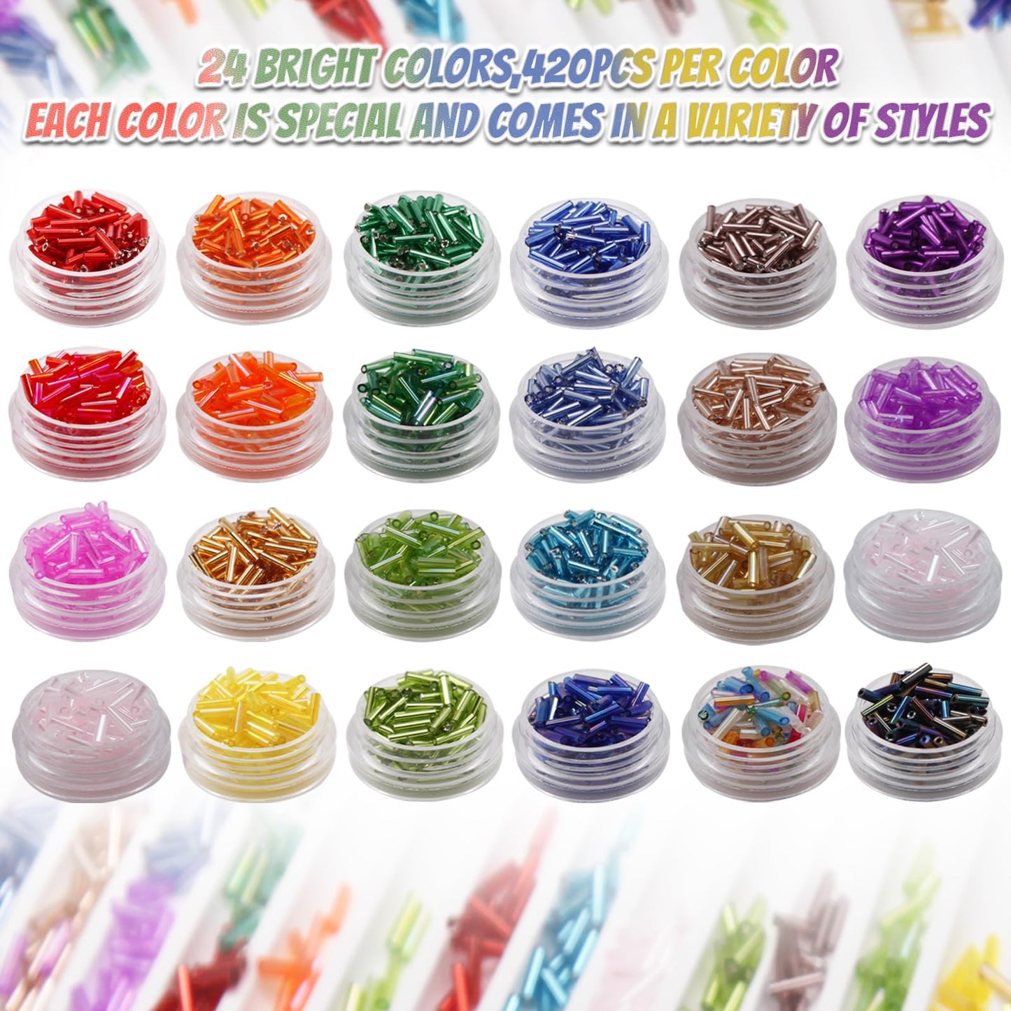 JOJOPLAY Tube Seed Beads Kit, 7mm, Craft Bugle Glass Beads with Bead Needle, Elastic String for Bracelet Necklace Jewelry Making (24 Colors)
